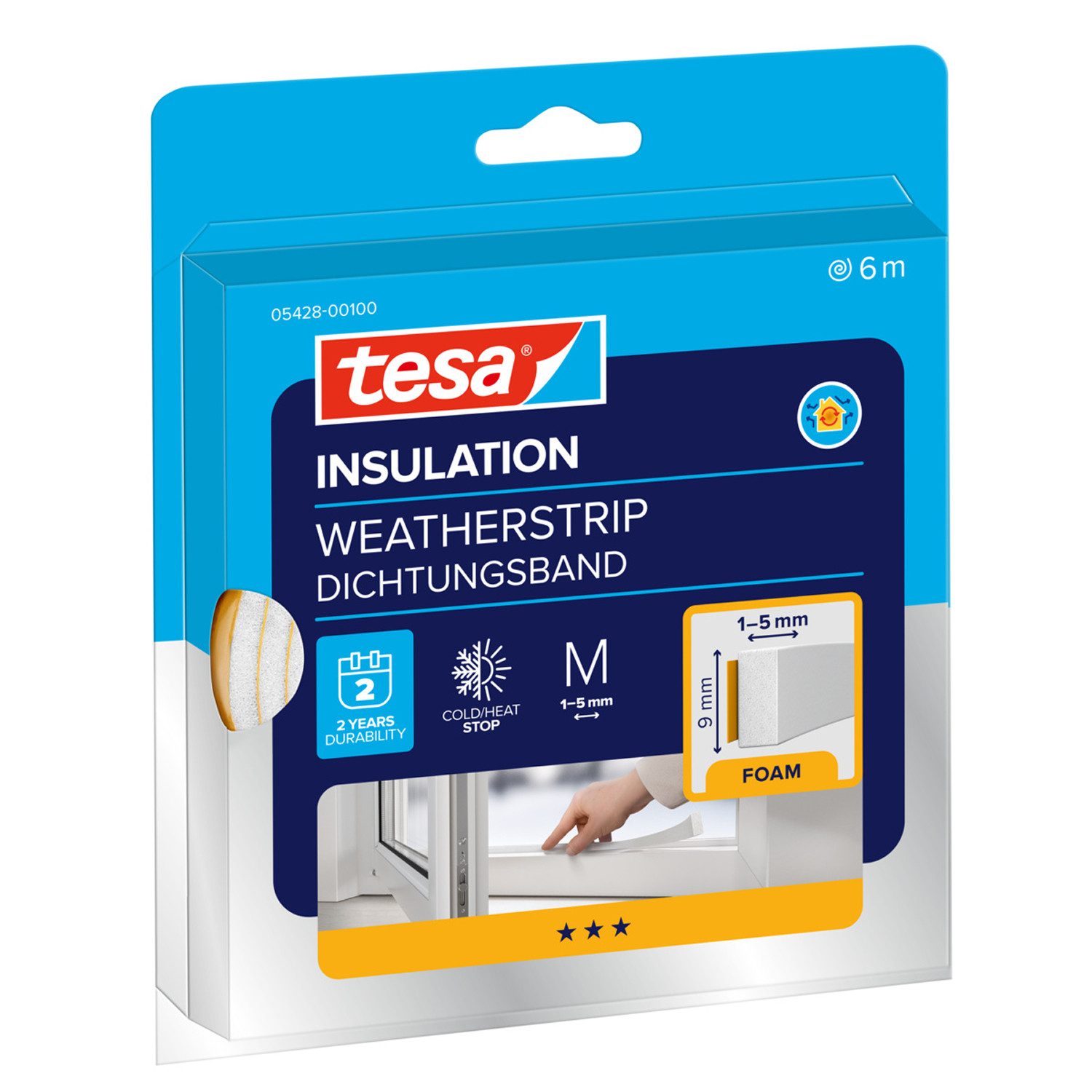 tesa Dichtungsband INSULATION Dichtungsband M - Schaumstoffdichtung, (Packung, 1-St., Dichtungsband M Weiß - 6 m x 9 mm x 5,5 mm), zum Isolieren von Spalten im Haushalt, selbstklebend