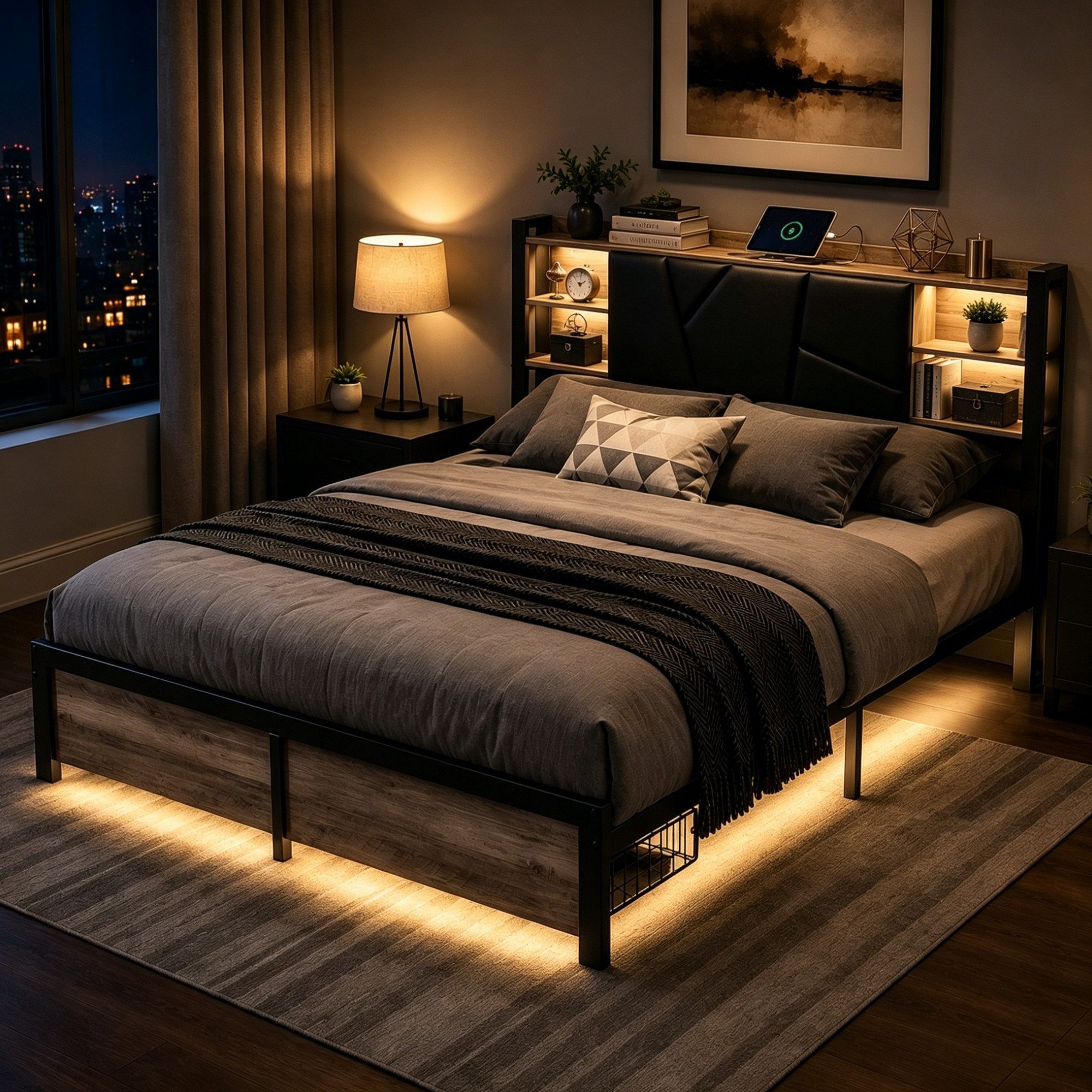Simurq Jugendbett Metallbett Bettgestell 140x200 cm mit LED Beleuchtung und USB (Packung, 1-tlg., Metallrahmen Stabiler Bettrahmen), Doppelbett mit Schubladen Stauraum