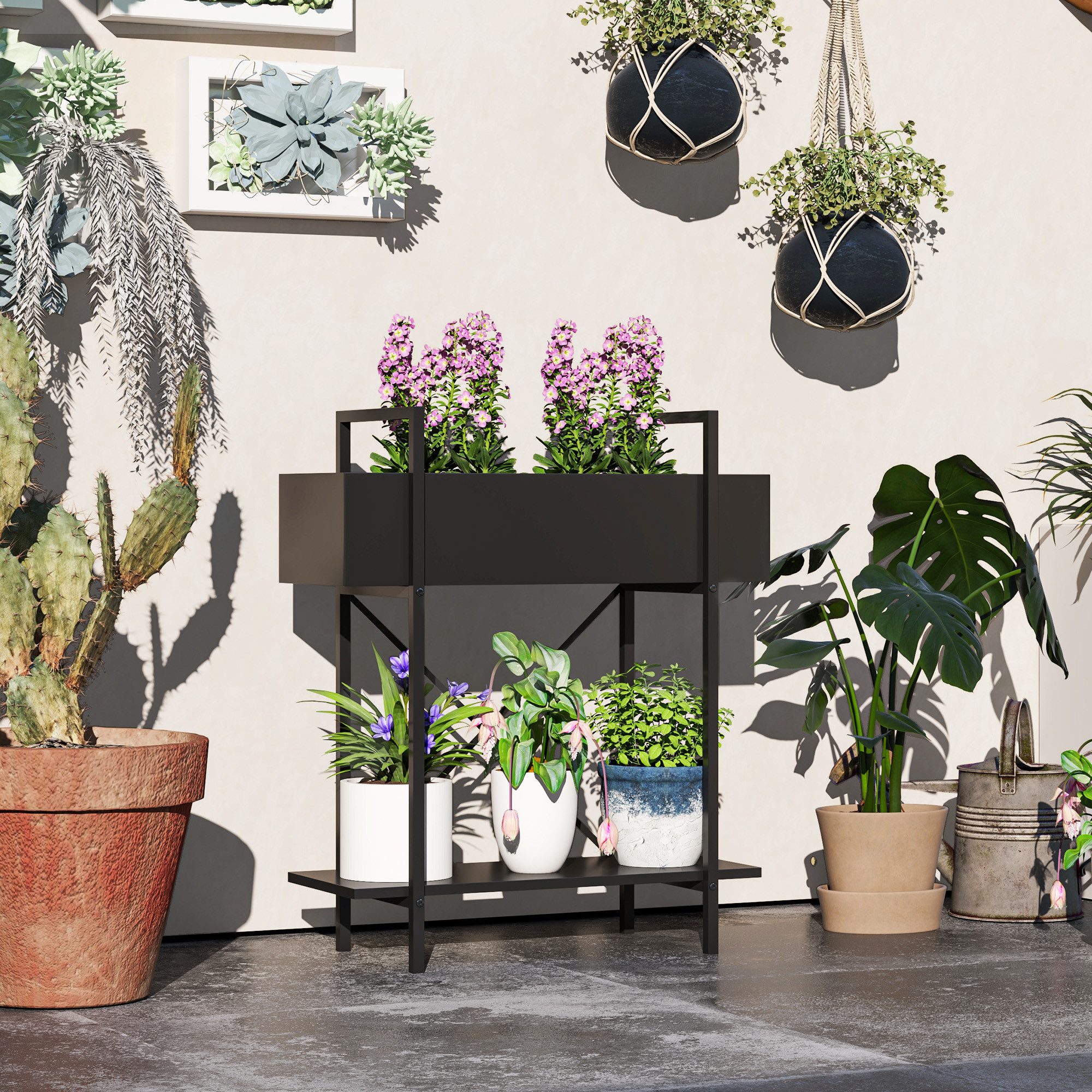 Outsunny Pflanzentreppe Pflanzenregal, mehrstöckig Blumenregal für Innen Außen (2-Etagen Pflanzenständer, 1 St., Blumenständer), für Wohnzimmer, Garten Balkon Deko, Schwarz