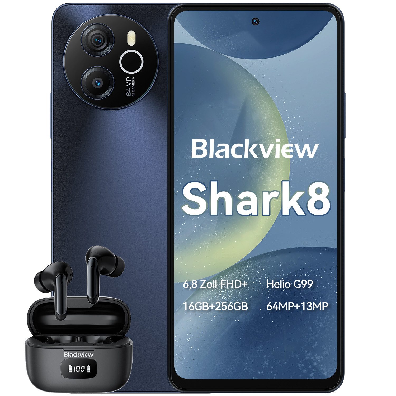 blackview Shark8(8+256) incl. Airbuds 8 Handy (6.8 Zoll, 64 MP Kamera, 2.4K Display, Dual 4G, NFC/Face ID)