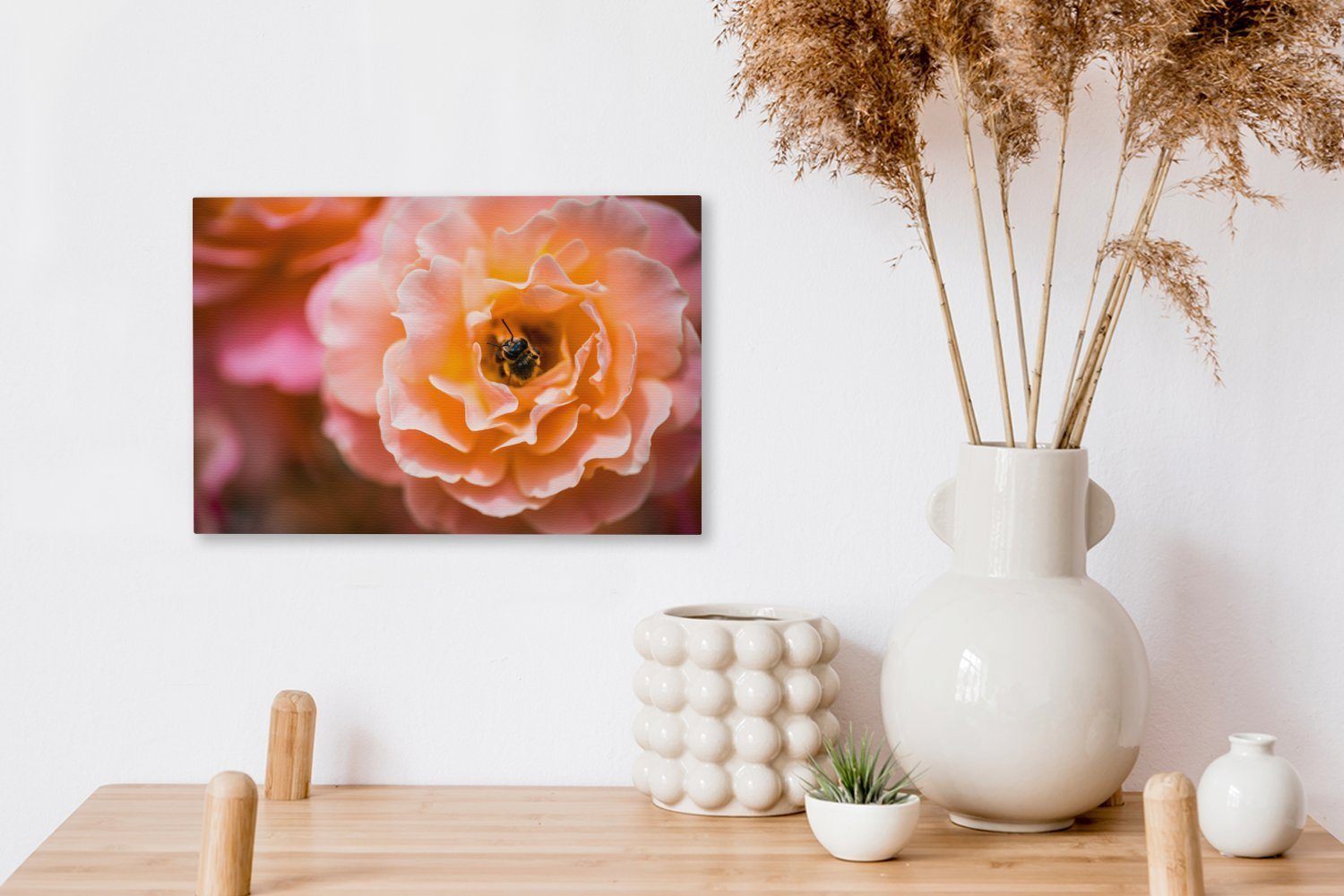 Wandbild cm 30x20 (1 St), OneMillionCanvasses® Blume - Leinwandbilder, - Leinwandbild Rose Aufhängefertig, Wanddeko, Biene,