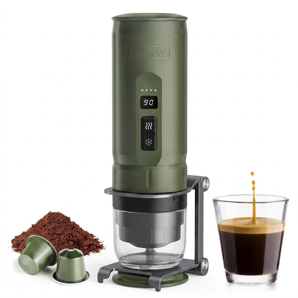 HiBREW Espressomaschine H4C Tragbare Auto Kaffeemaschine mit Heizfunktion 20 Bar, Edelstahlfilter, Für Kapseln/Pulver, Auto Kaffeemaschine 12V/24V für Reise/Camping