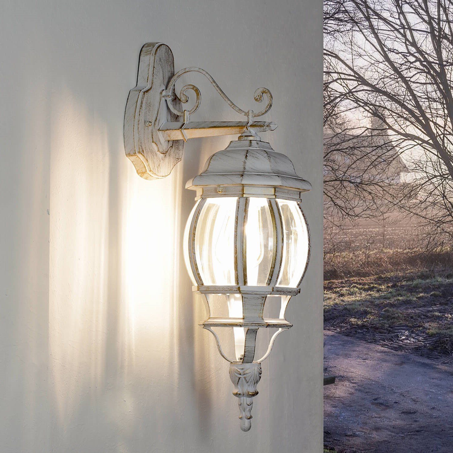 Licht-Erlebnisse Außen-Wandleuchte BREST, ohne Leuchtmittel, Rustikale  Außenlampe Wand in Weiß Gold E27 IP44 Laterne Haus Garten
