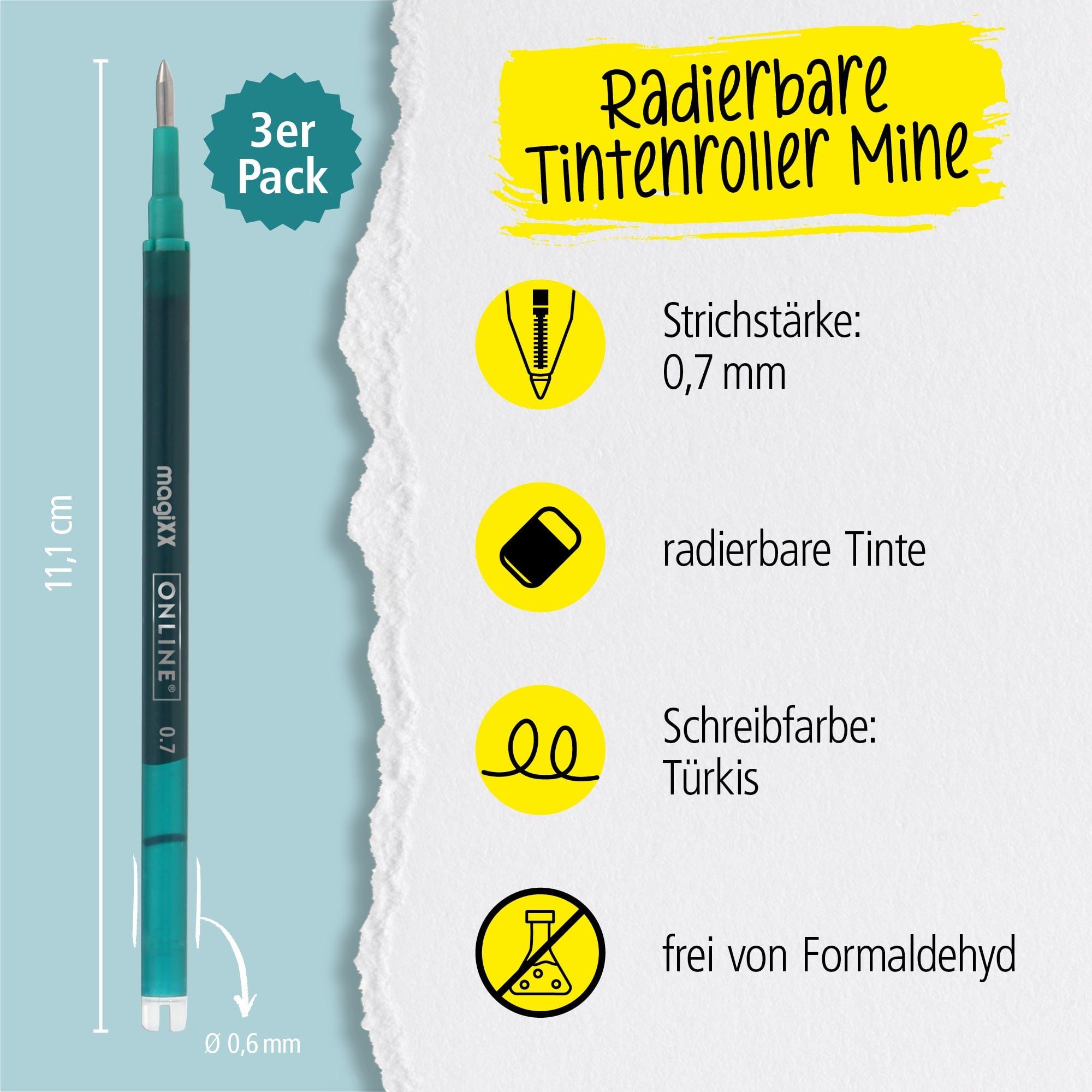 Online Pen Tintenroller magiXX Mine, (3x radierbare Ersatzminen türkis für Gelschreiber), Nachfüll-Minen kompatibel mit Pilot Frixion, magiXX Gelstift