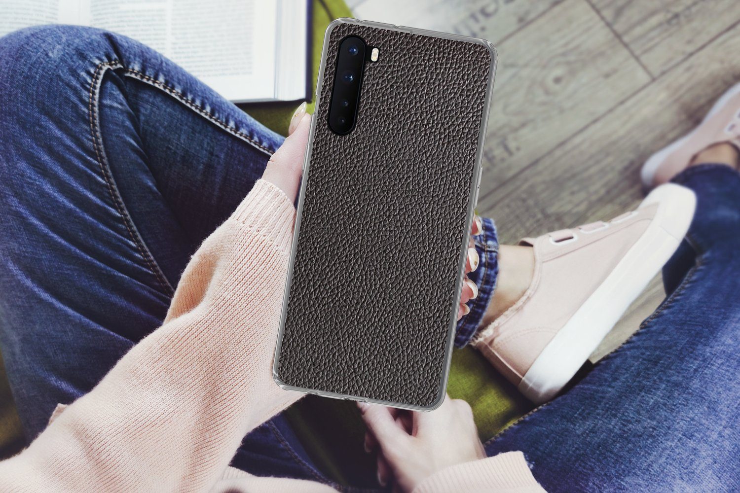 MuchoWow Handyhülle für OnePlus Nord Leder - Lederoptik - Schwarz - Hell, Phone Case, Silikon, Schutzhülle Dünn