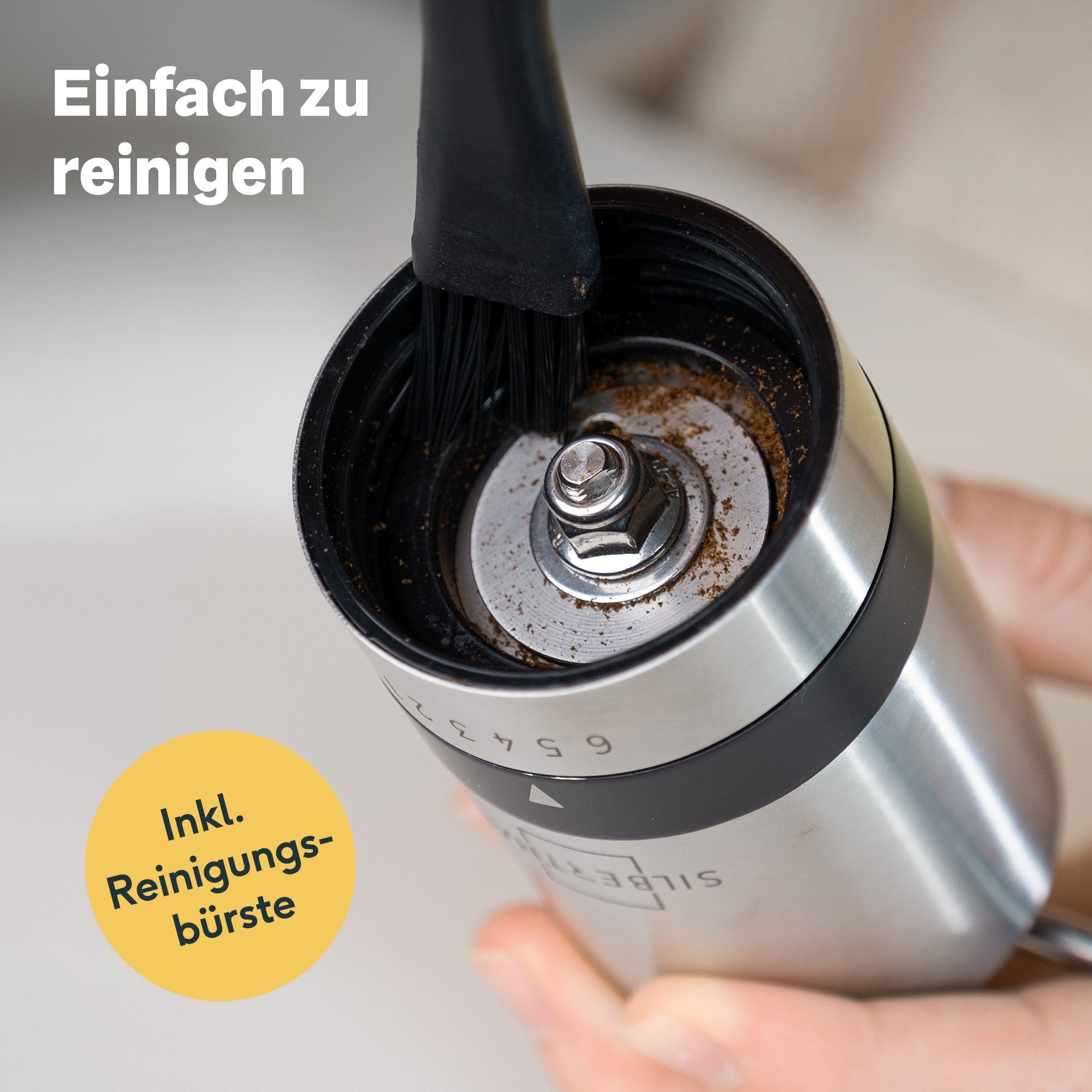 SILBERTHAL Kaffeemühle Manuell Edelstahl, Kegelmahlwerk, 17,00 g Bohnenbehälter, Handmühle aus Edelstahl mit Ersatzglas und Reinigungspinsel