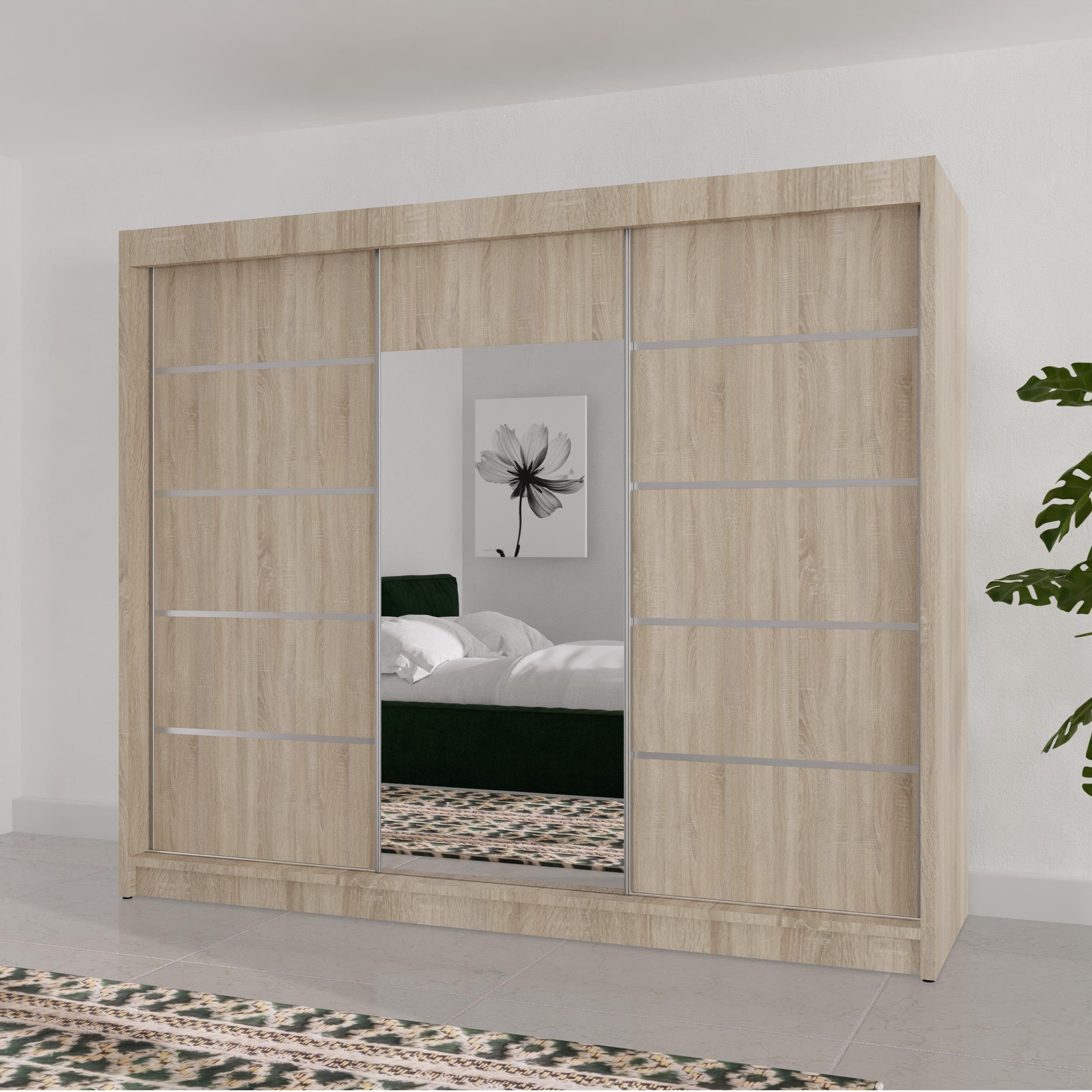 breit) Monika Schrank Schubladen inkl. dekorative mit an Sprossen 4 Spiegel, den cm Türfronten, Sonoma Beautysofa (3-türig Schiebetürenschrank 200