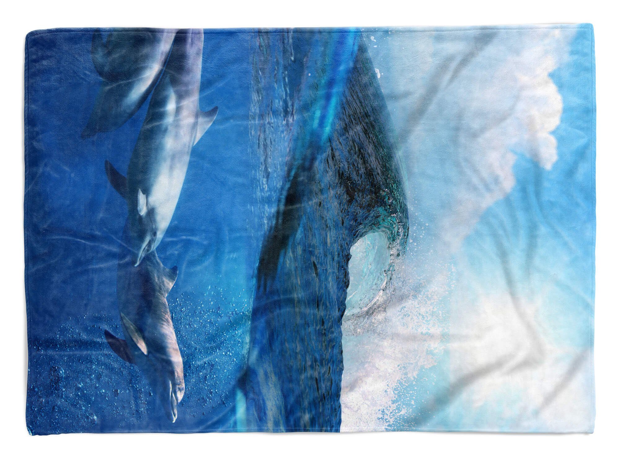Sinus Art Handtücher Handtuch Strandhandtuch Saunatuch Kuscheldecke mit Fotomotiv Delfine Meer Welle, Baumwolle-Polyester-Mix (1-St), Handtuch