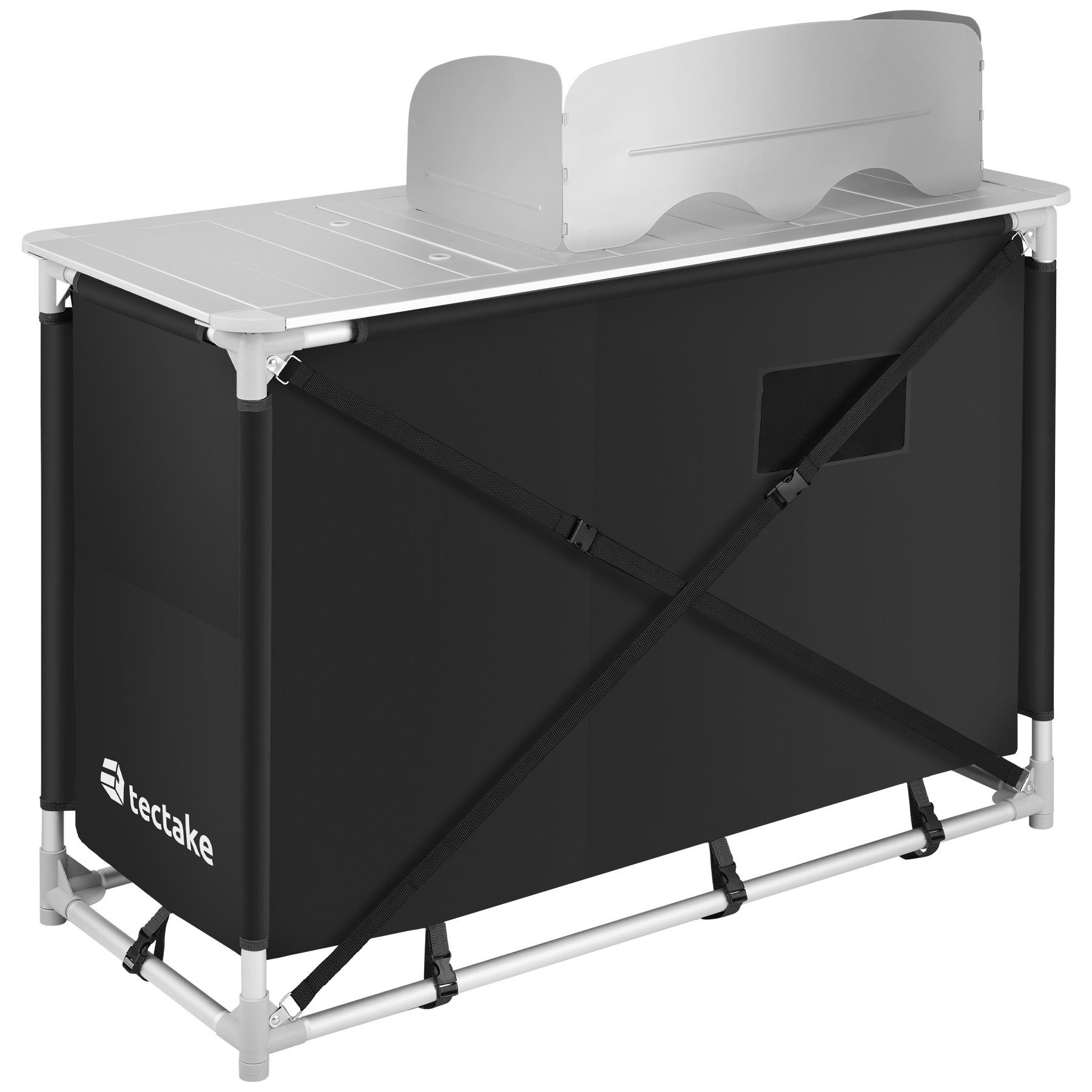 tectake Campingtisch Camping-Klapptisch, Maße: 116 x 52 x 107 cm, wetterbeständig (Outdoor-Tisch, 1-St., in schwarz), Faltbar, mit viel Stauraum, Windschutz und Spülbecken, mit Tragetasche