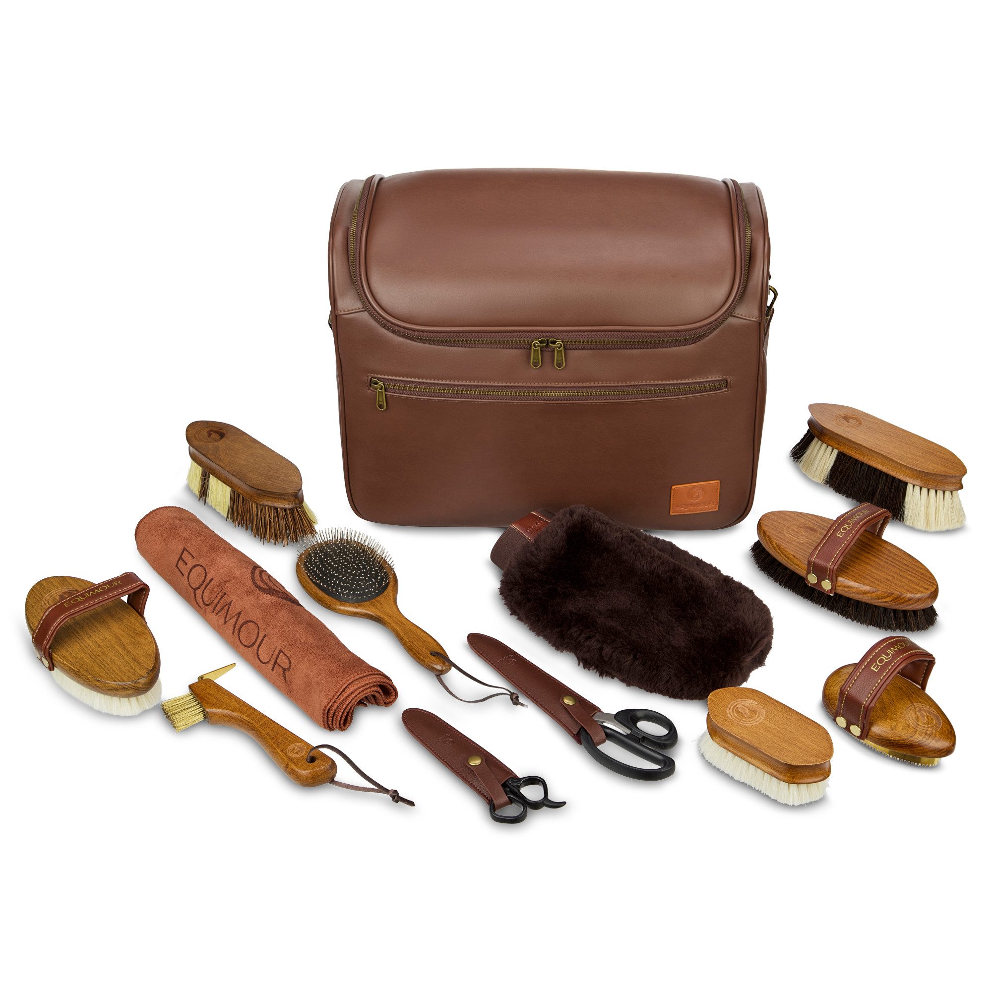 Equimour Pferdebürste Pferde Putzset Premium – Komplettset mit Putztasche & Zubehör, (Premium Set), Premium Set, Putztasche, veganes Leder, flexibel einteilbar