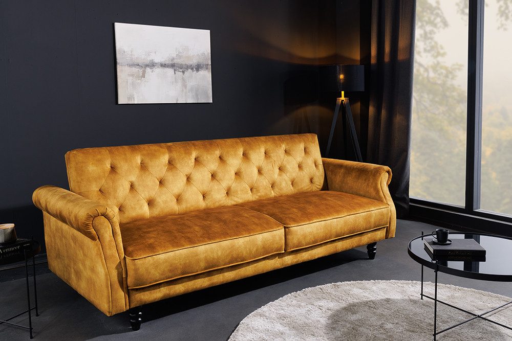 riess-ambiente 3-Sitzer MAISON BELLE AFFAIRE 220cm senfgelb - Samt, Holz, Schlaffunktion, Einzelartikel 1 Teile, Federung & verstellbarer Rückenlehne – ideal für Wohn- & Gästezimmer