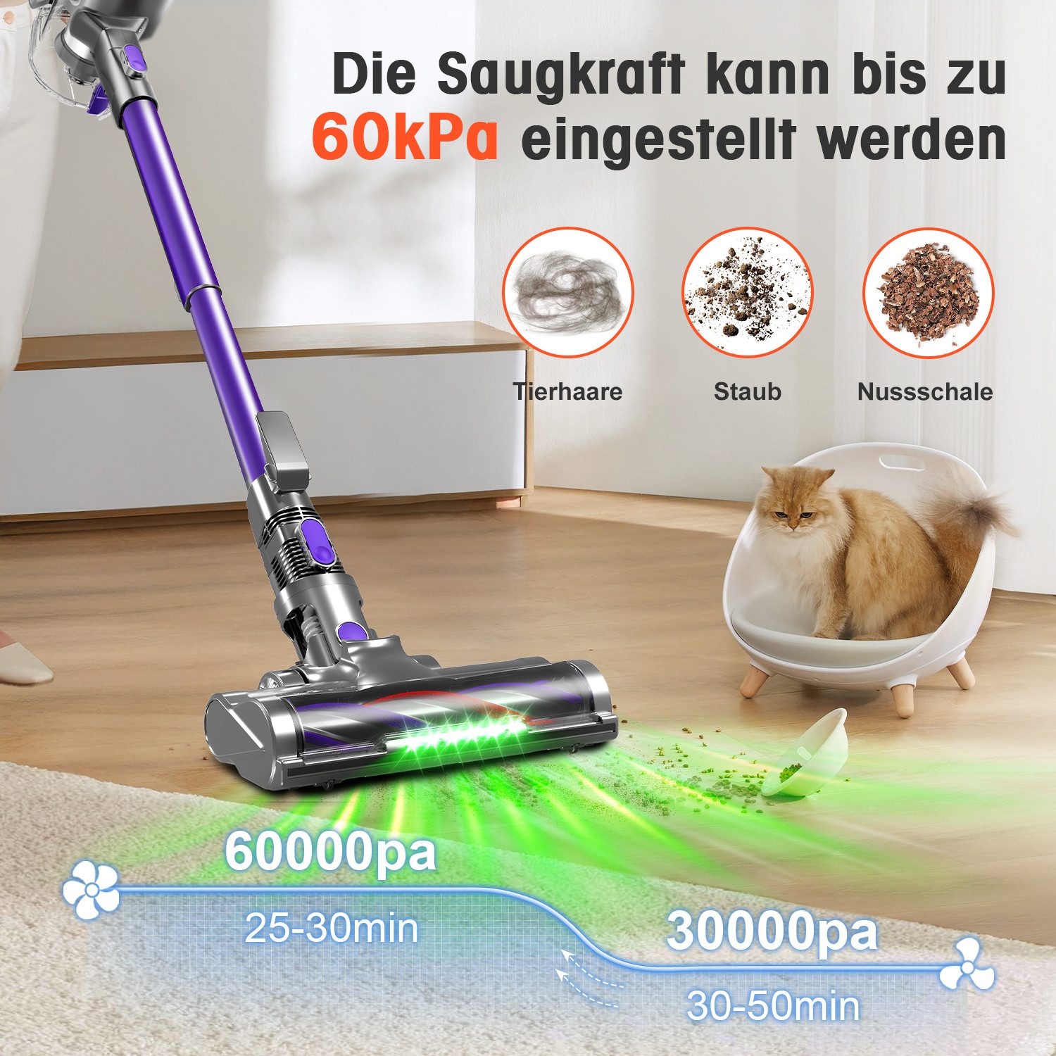 Adormii Akku-Hand-und Stielstaubsauger Akku Staubsauger, 60000Pa/50Min/1.6L Staubsauger Kabellos, HEPA*4, Anti-Tangle-Bürste, 5-in-1 Cordless Vacuum Cleaner, Akkustaubsauger für Tierhaare, Hartböden, Teppiche, 5-in-1 Staubsauger für Tierhaare,Hartböden,Teppiche