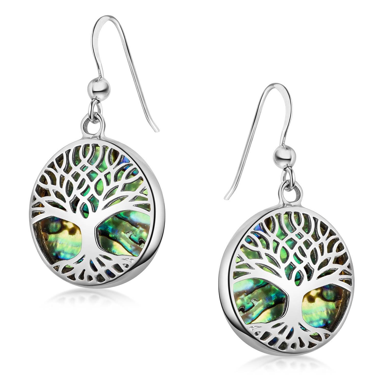 Materia Paar Ohrhänger Damen Lebensbaum Perlmutt Abalone Grün Ø19mm SO-274, Fassung aus 925 Sterling Silber