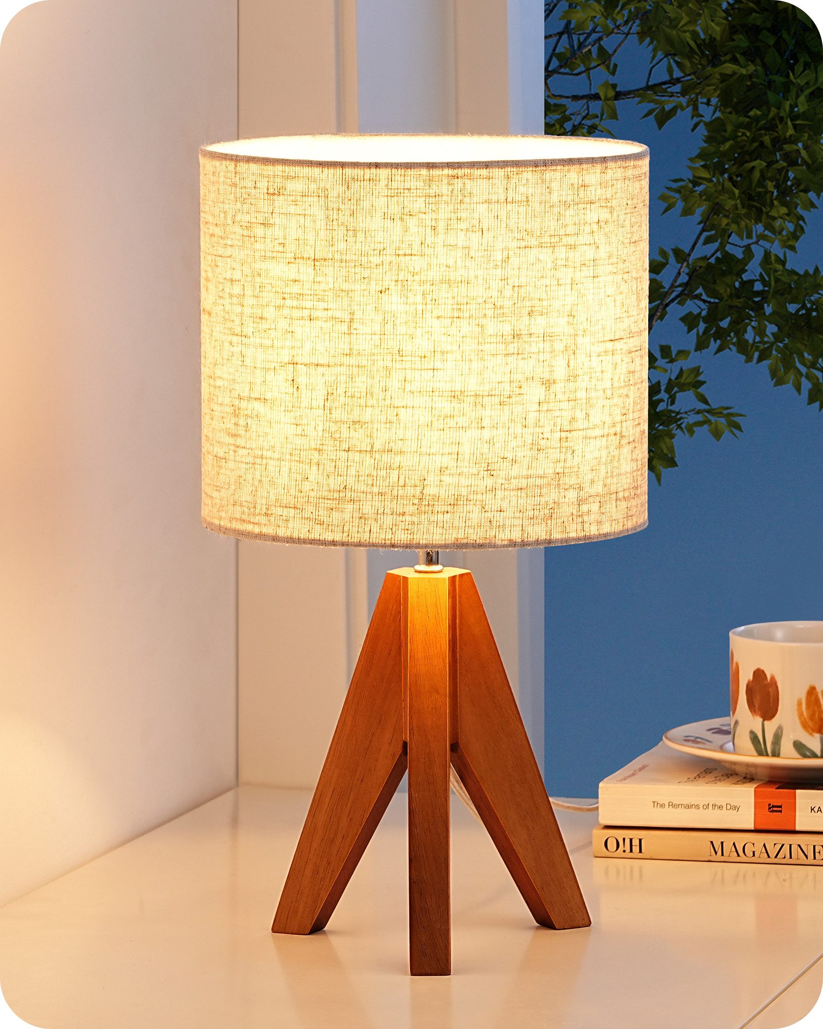 EDISHINE Nachttischlampe Vintage Tischlampe Holz mit Stoffschirm, inkl. Leuchtmittel, LED wechselbar, Warmweiß, Lampenschirm aus Leinen, für Deko, Schlafzimmer, Wohnzimmer