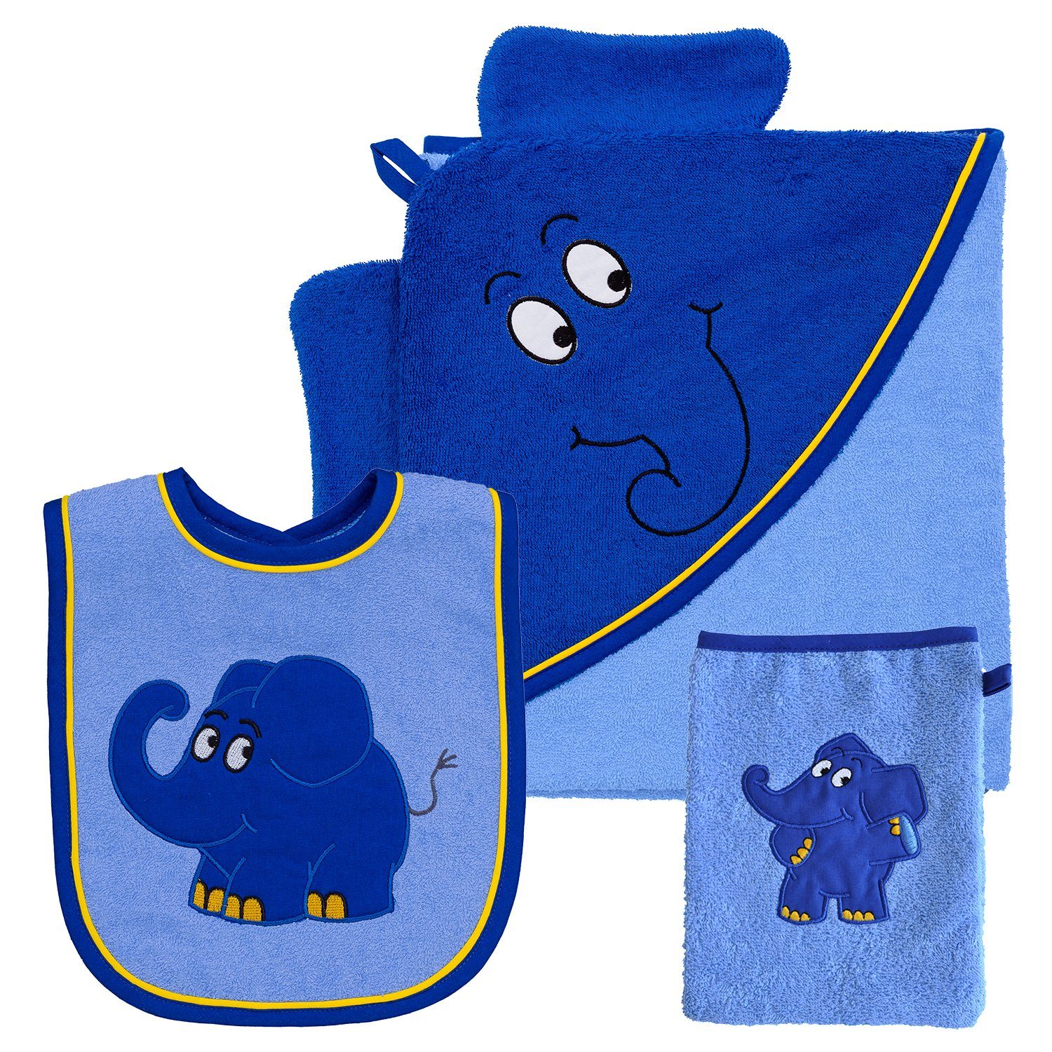 Smithy Handtuch Set 3-tlg. mit dem blauen Elefanten, Frottee, (Spar-Set, 3-tlg), Set aus Kapuzenhandtuch, Waschlappen und Lätzchen