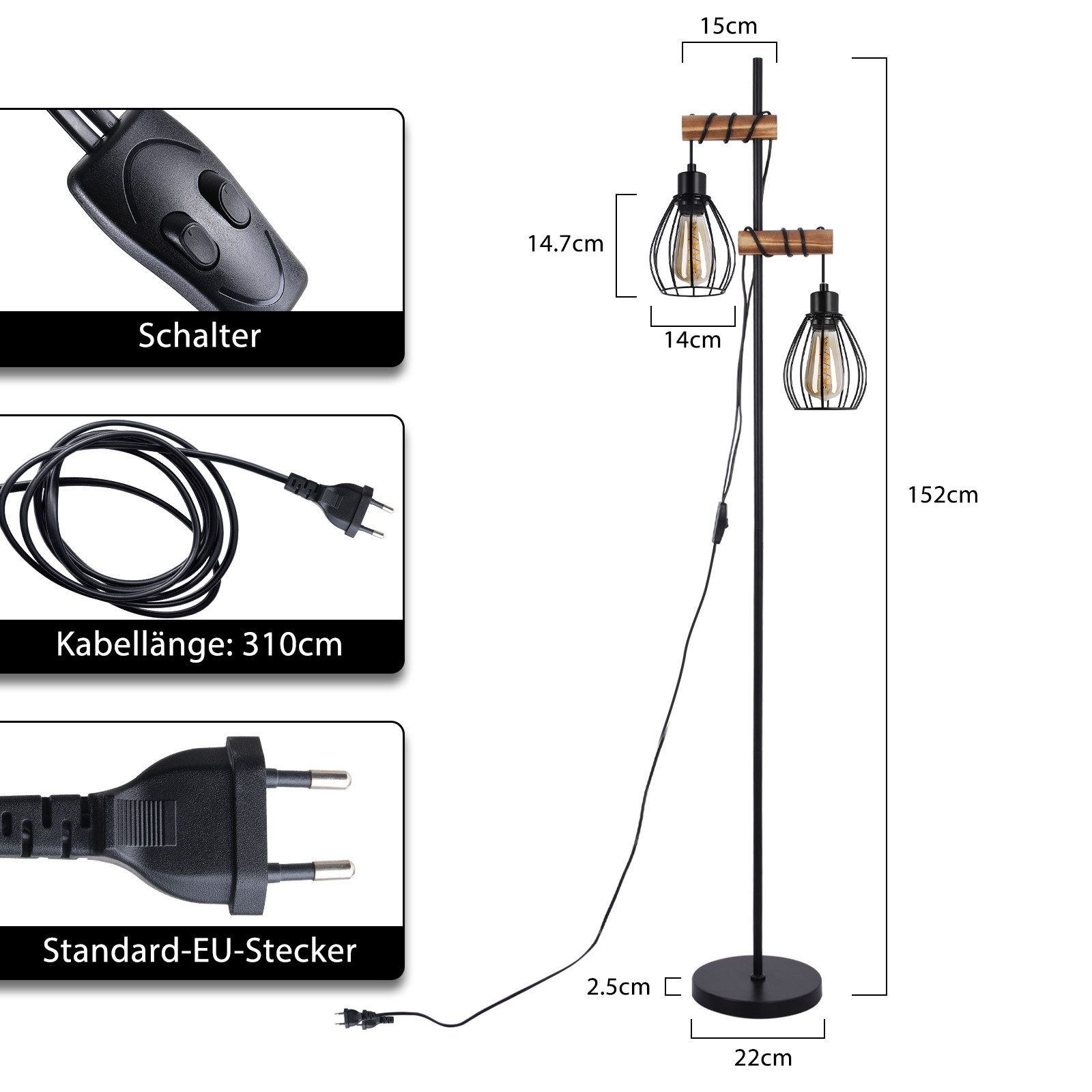 ZMH Stehlampe Wohnzimmer 2 Flammig 151CM günstig online kaufen