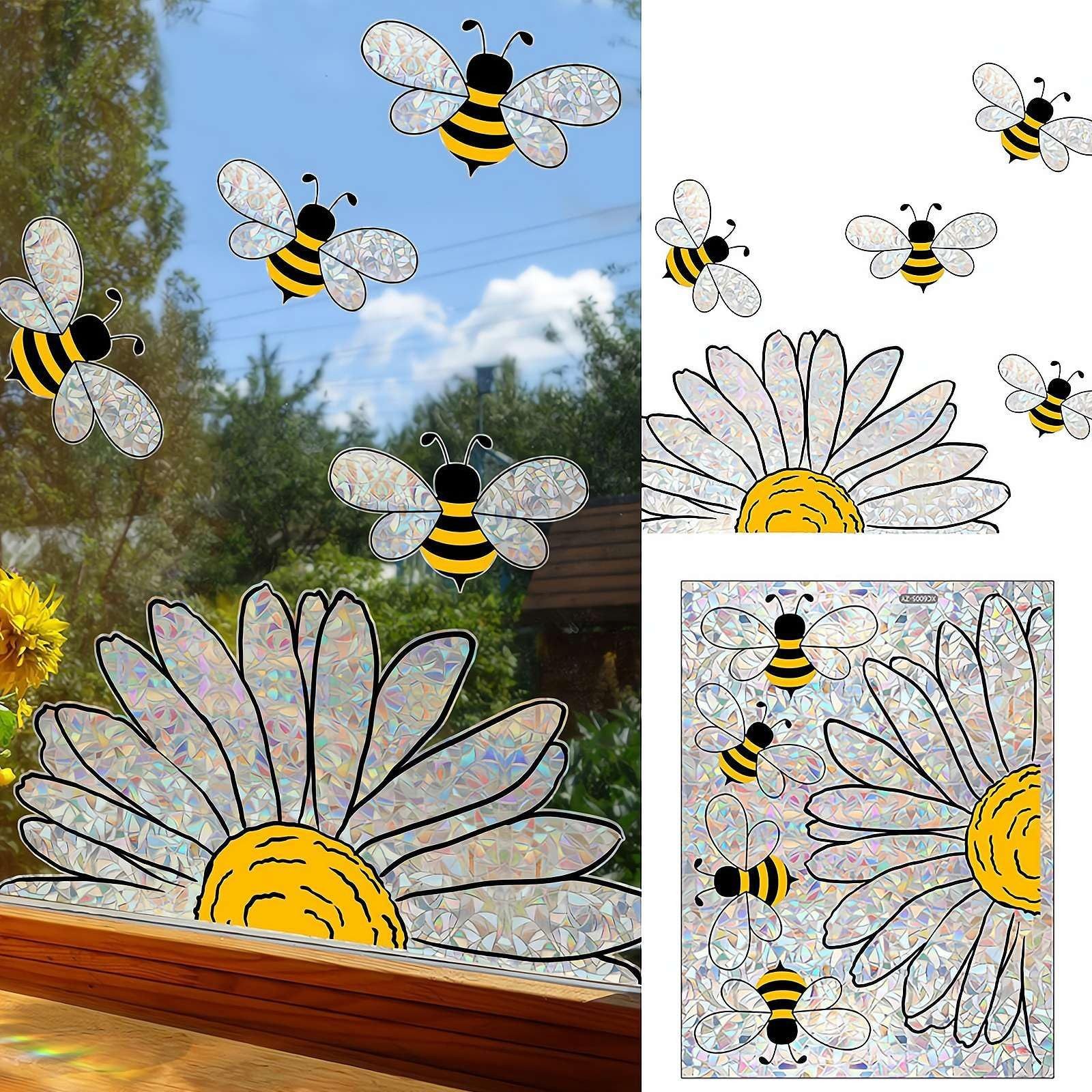 MOPUEA Fenstersticker Doppelseitige Fensteraufkleber Bienen Blumen Fensterdeko, Doppelseitig sichtbar wiederverwendbar ohne Kleber