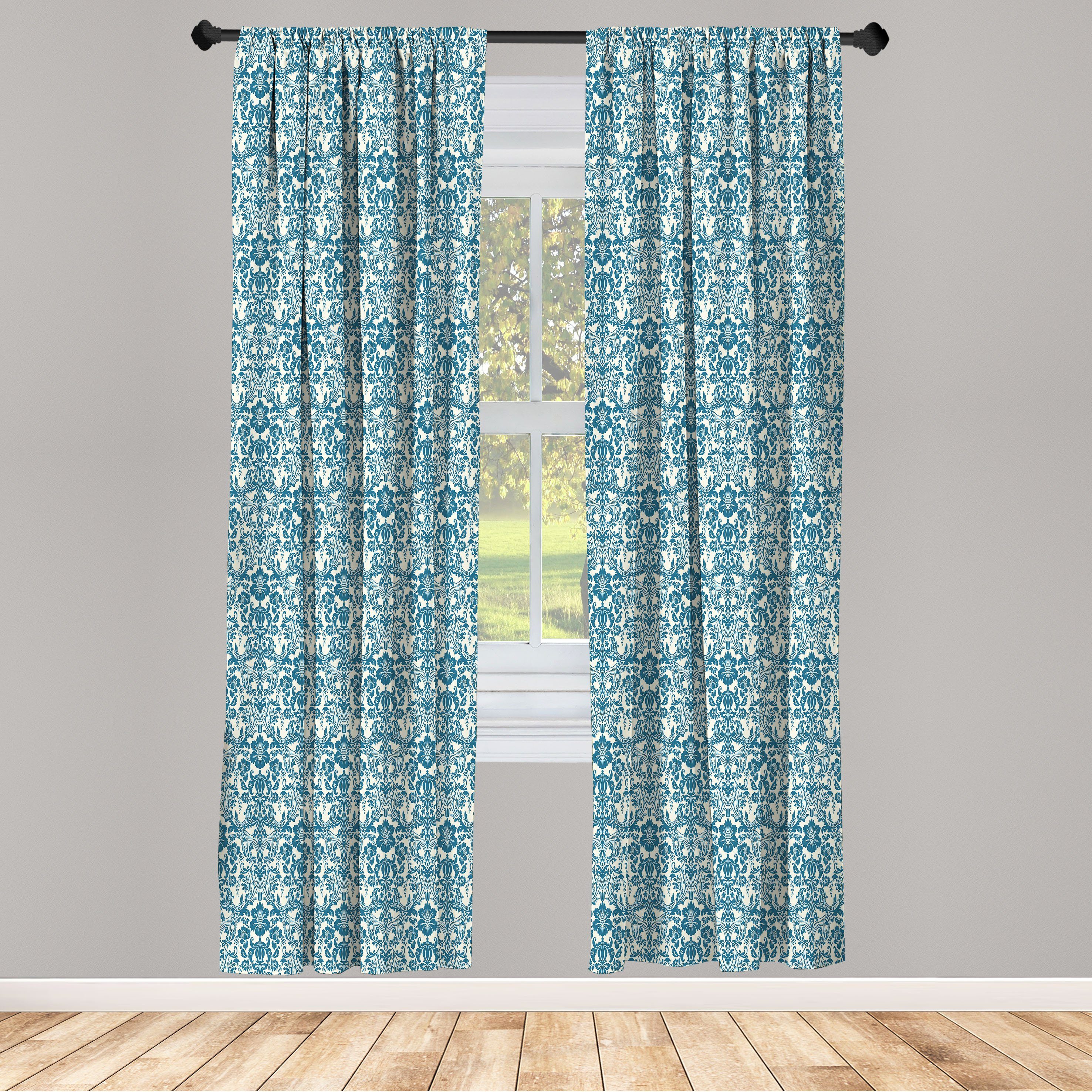 Gardine Vorhang für Wohnzimmer Schlafzimmer Dekor, Abakuhaus, Microfaser, Elfenbein und Blau Damast-Blumen