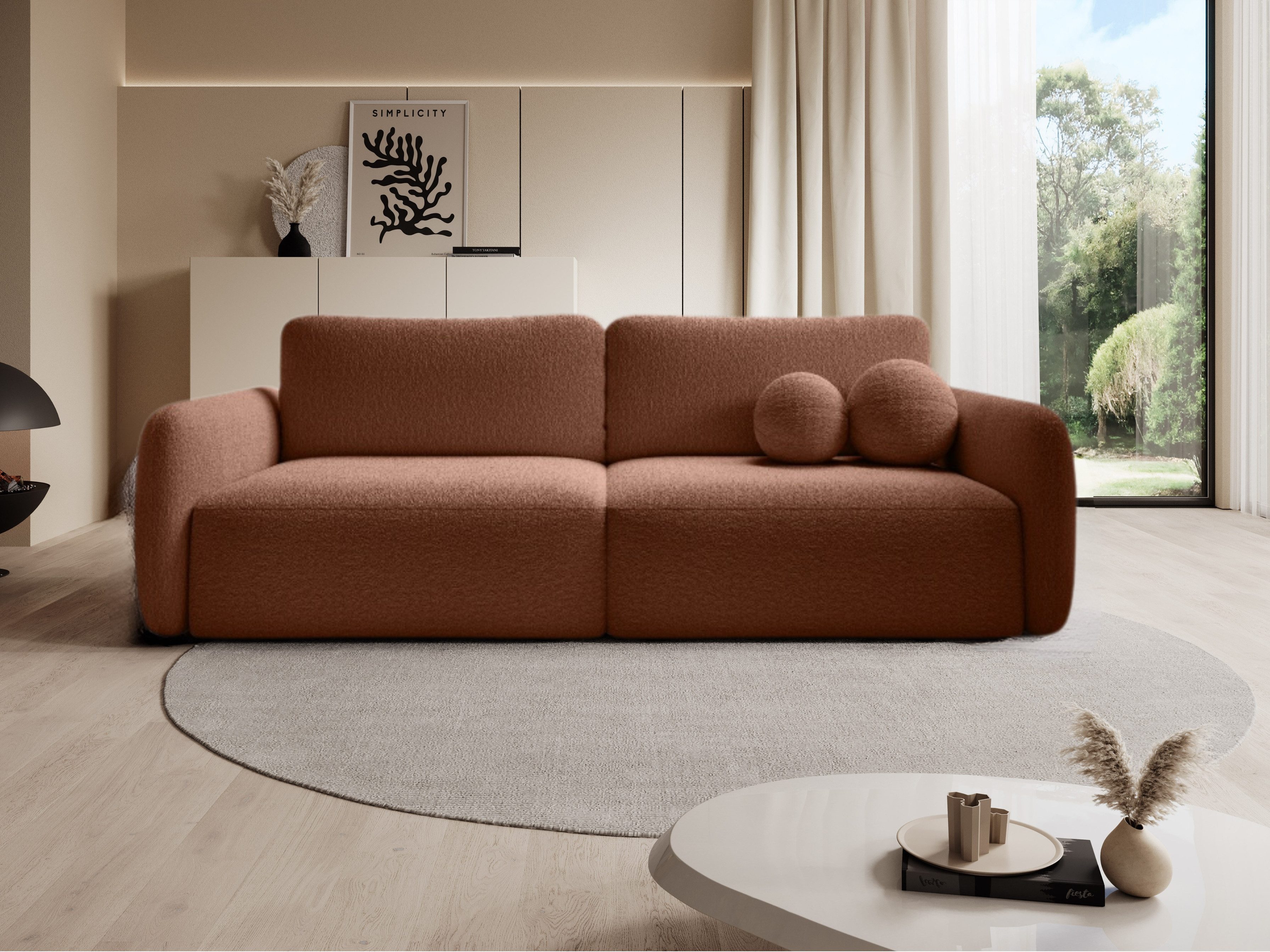 Goldstoff Schlafsofa Boo mit Bouclé-Stoff, Dekorative runde Kissen, ausziehbare Liegefläche