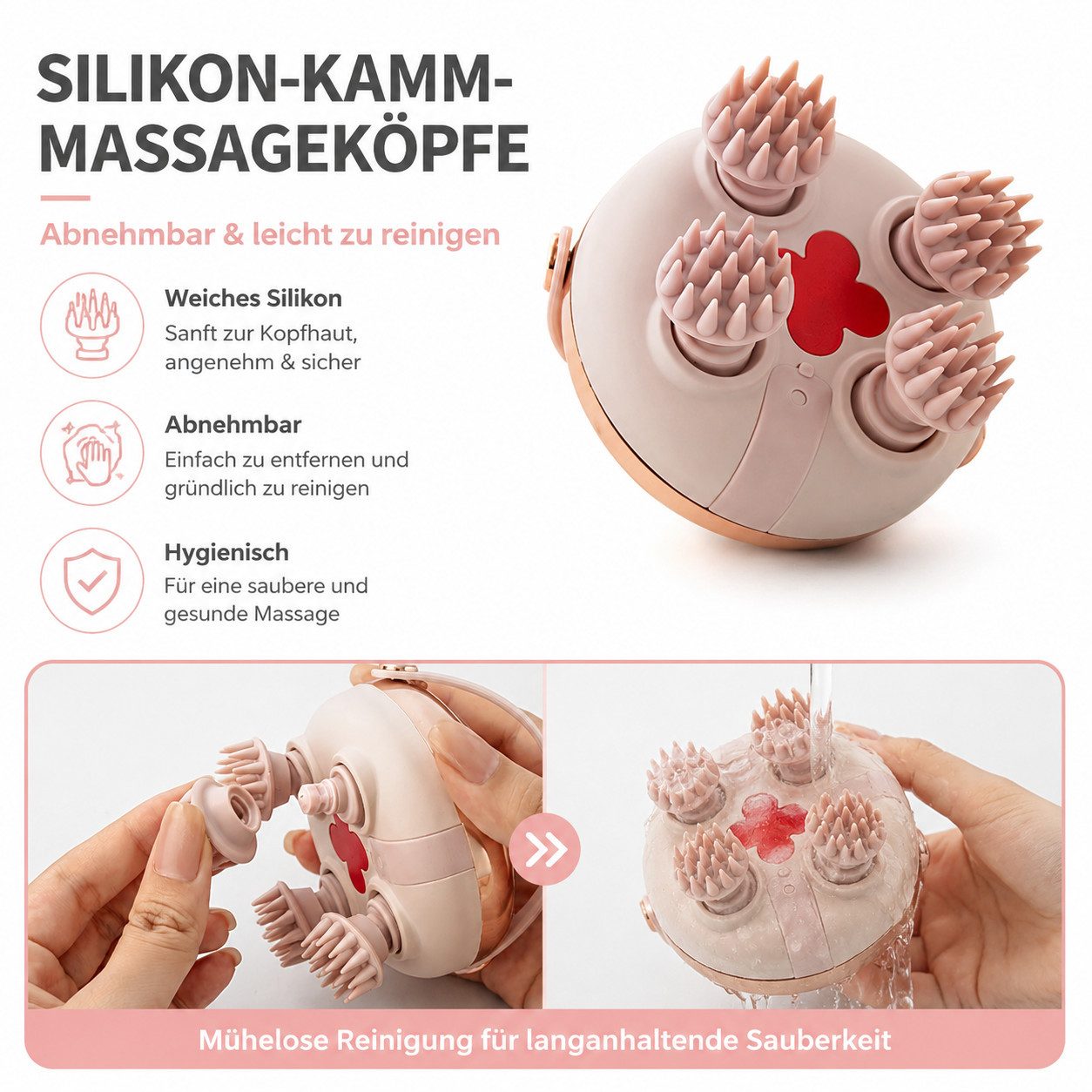Fyrove Massagegerät Elektrisches Kopfmassagegerät mit 8 Massageköpfen, 2 Modi, Rotlichtpflege & IPX6 Wasserschutz – Kabelloser Scalp Massager, für Kopfhaut, Ent – Bild 4 von 5