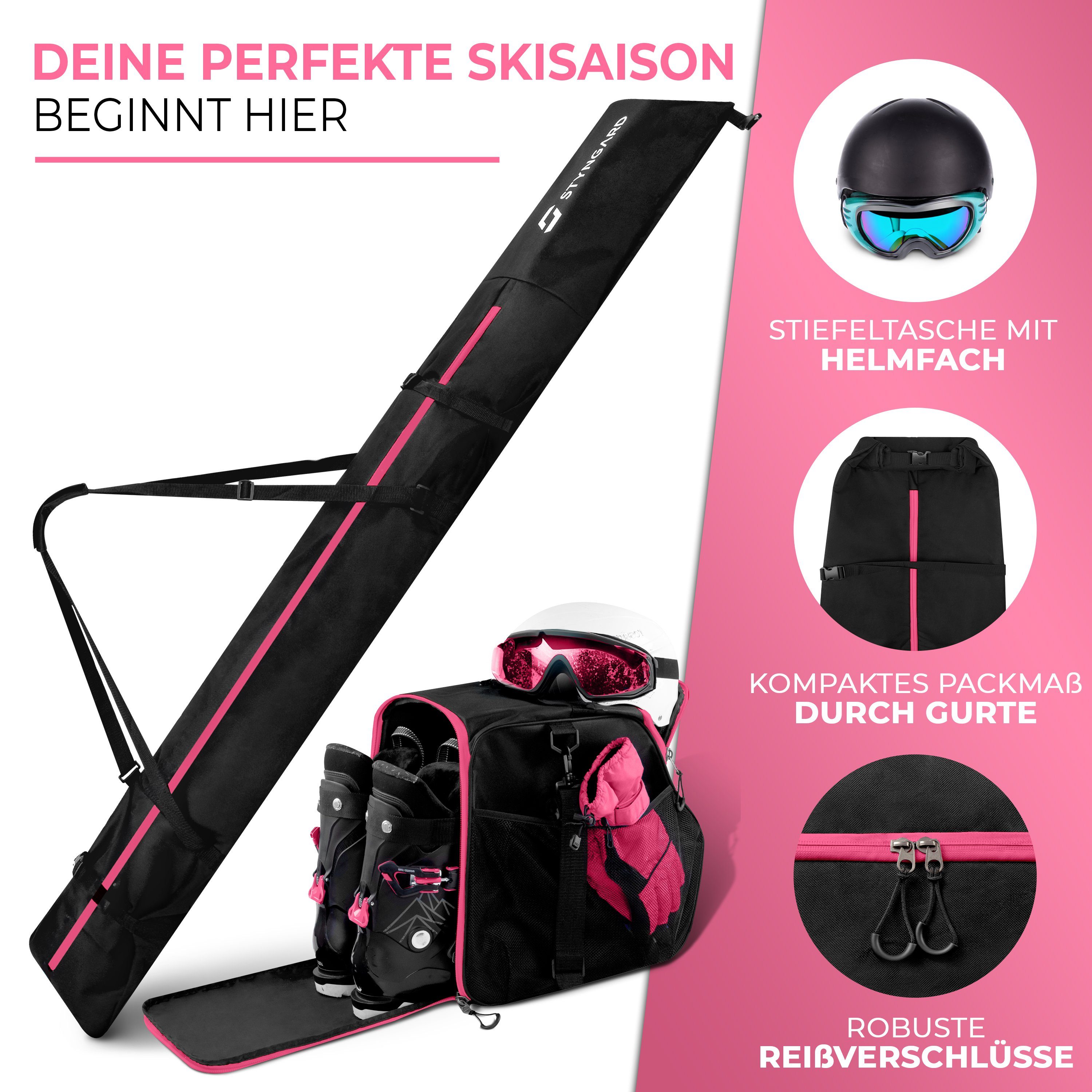 Styngard Skitasche Vancouver (Set mit 200 und cm Skischuhtasche L) cm] bis [140 Skisack [40 Schwarz-Pink Helmfach