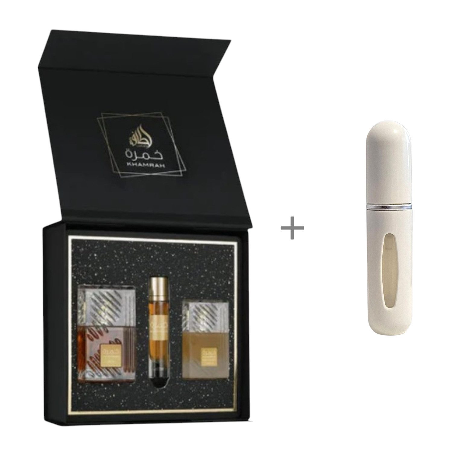 Lattafa Duft-Set Khamrah Set Travel Spray 12 ml + Haarspray 50 ml + Parfümzerstäuber