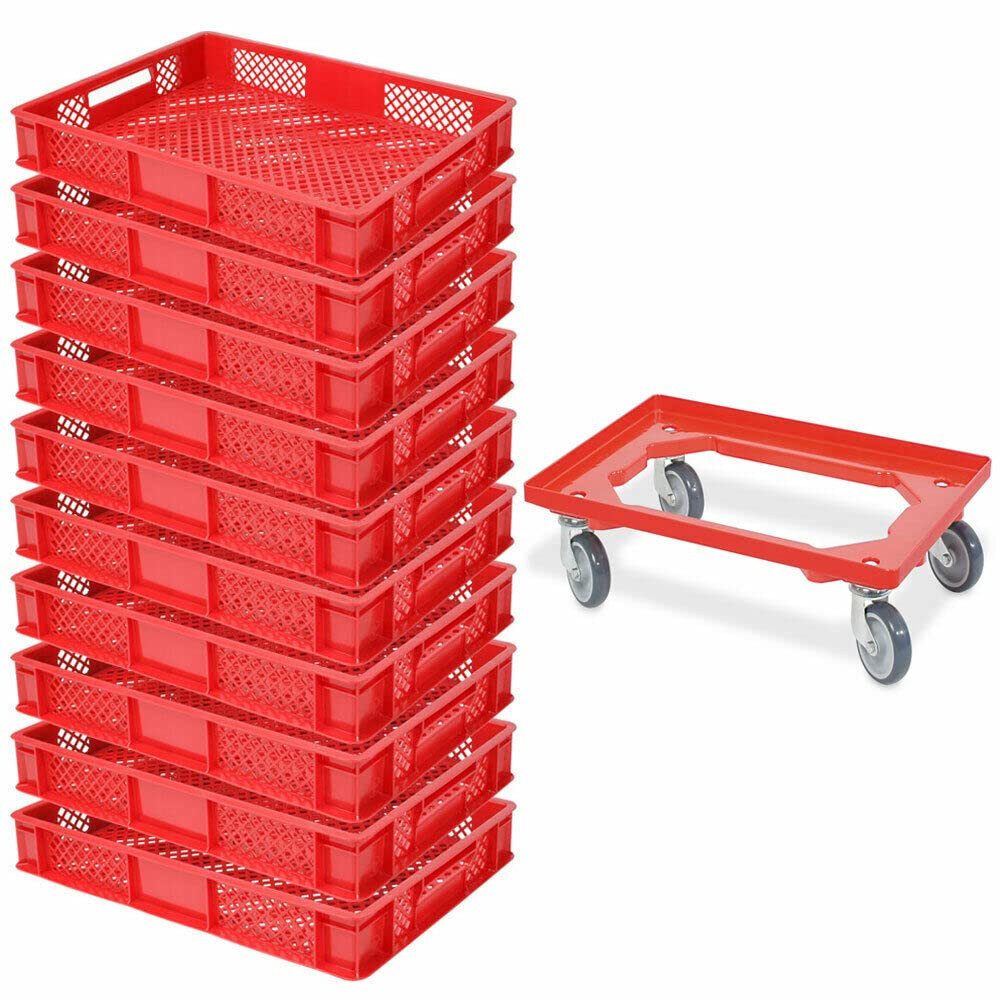 BRB-Lagertechnik Stapelbox 10x Eurobehälter/Bäckerkiste, LxBxH 600x400x90 mm + Transportroller, Stoßfest, robust und formstabil