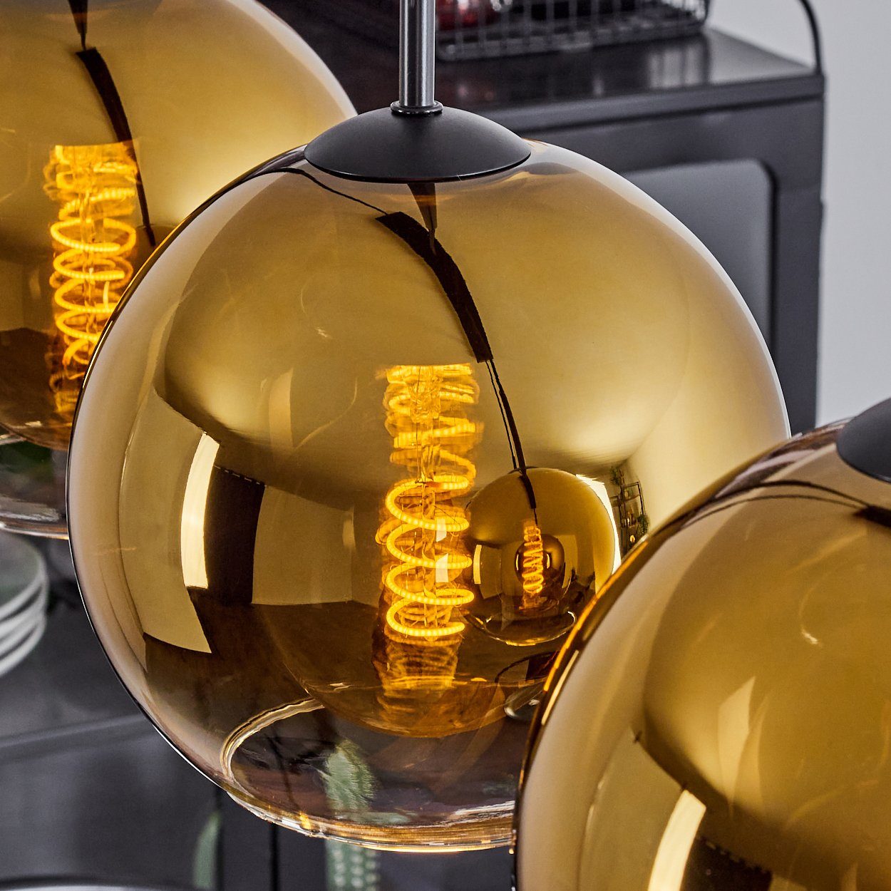 hofstein Hängeleuchte »Cesaro« mit 4xE27 Hängelampe Design Vintage/Retro Glas in Leuchte Leuchtmittel, im aus Schirmen ohne aus Schwarz/Goldfarben/Klar, (20cm), Metall/Glas