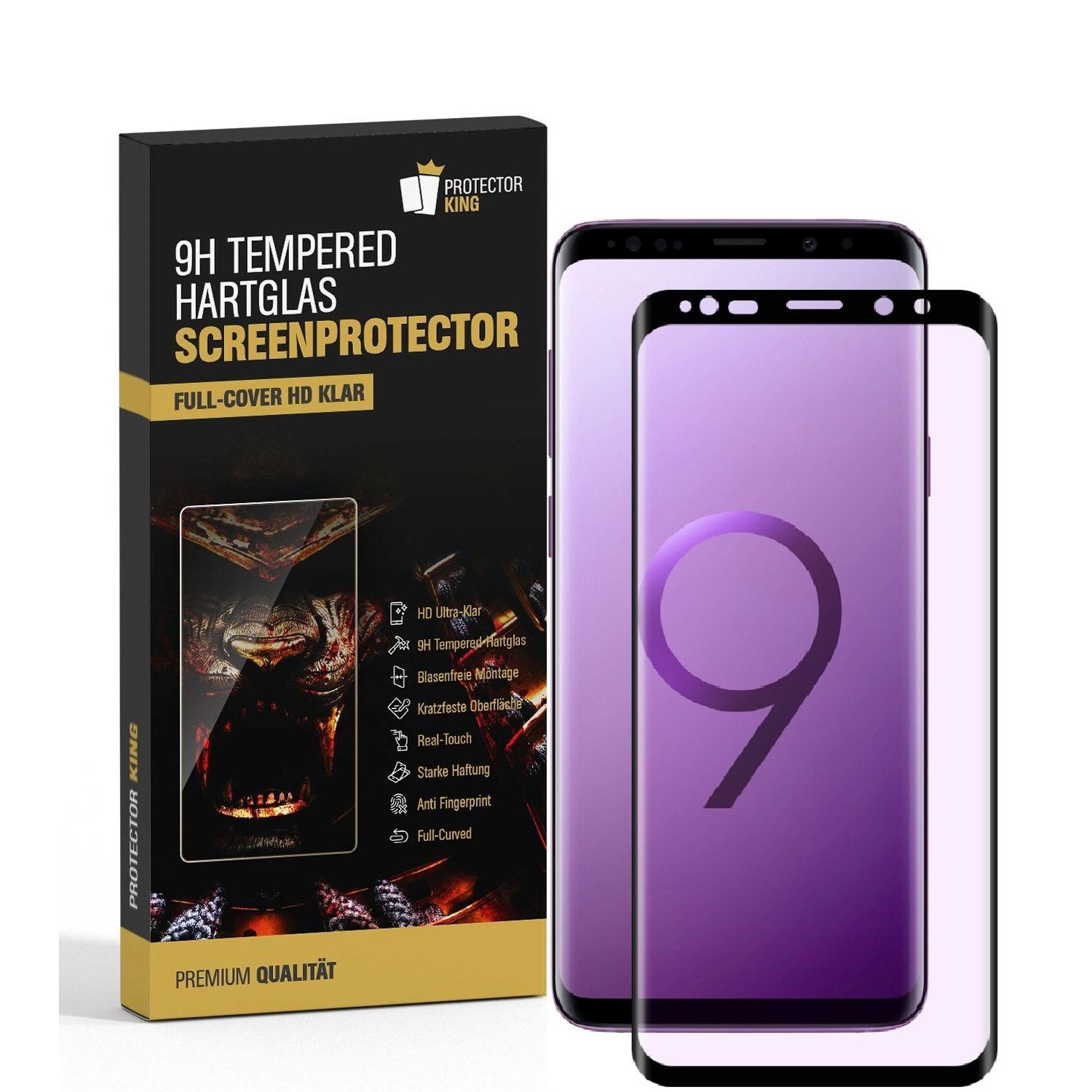 Protectorking Schutzfolie 1x 9H Hartglas für Samsung Galaxy S9 Plus FULL CURVED Displayschutz, (1-Stück), Displayschutzglas, Schutzglas Echtglas Tempered 9H Härte HD-KLAR