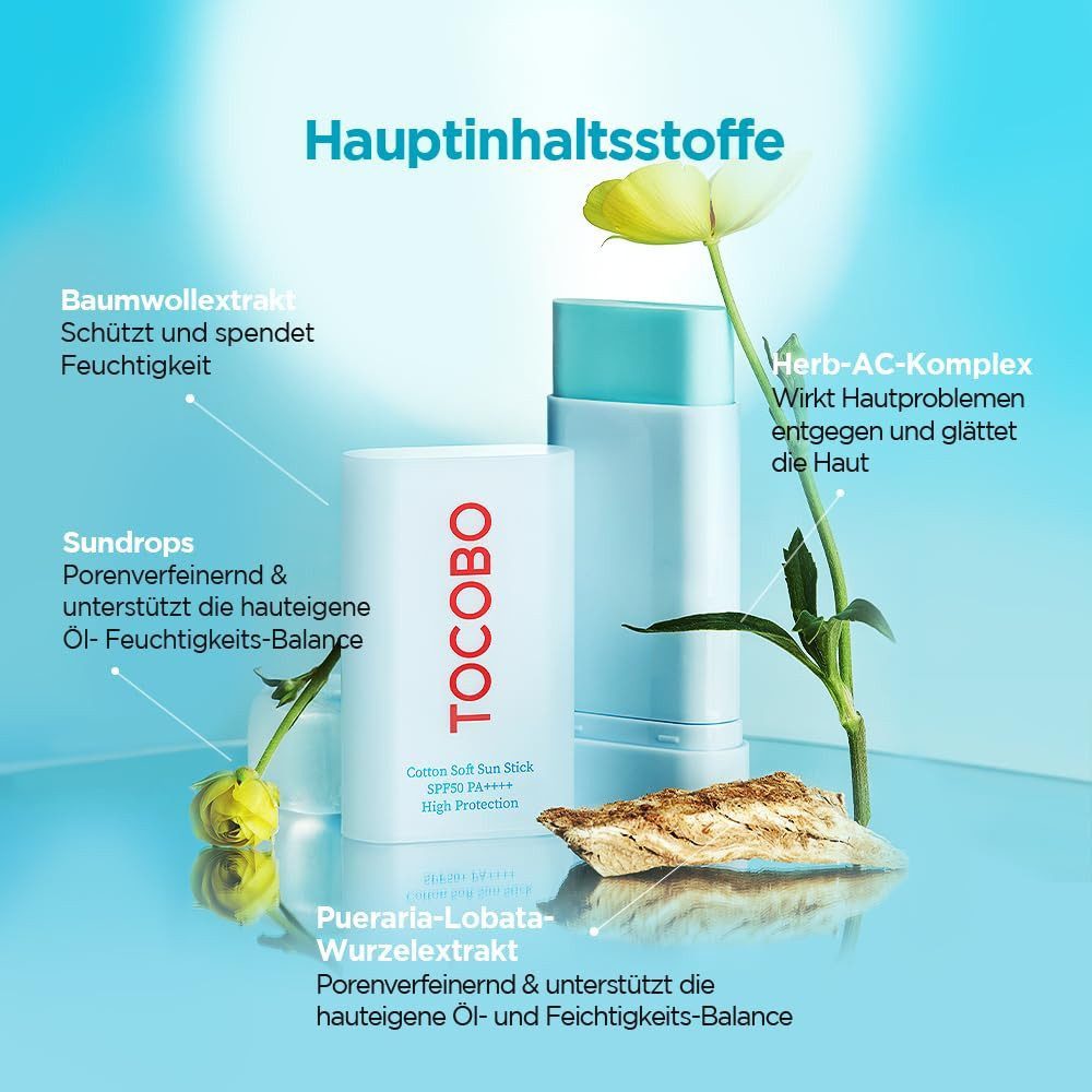 TOCOBO Sonnenschutzcreme Cotton Soft Sun Stick SPF50+ PA++++ – veganer Sonnenstift mit UVA/UVB-, Schutz mattierendem Finish, ideal für fettige Haut, 19g –, koreanische Hautpflege, praktische Anwendung, für unterwegs