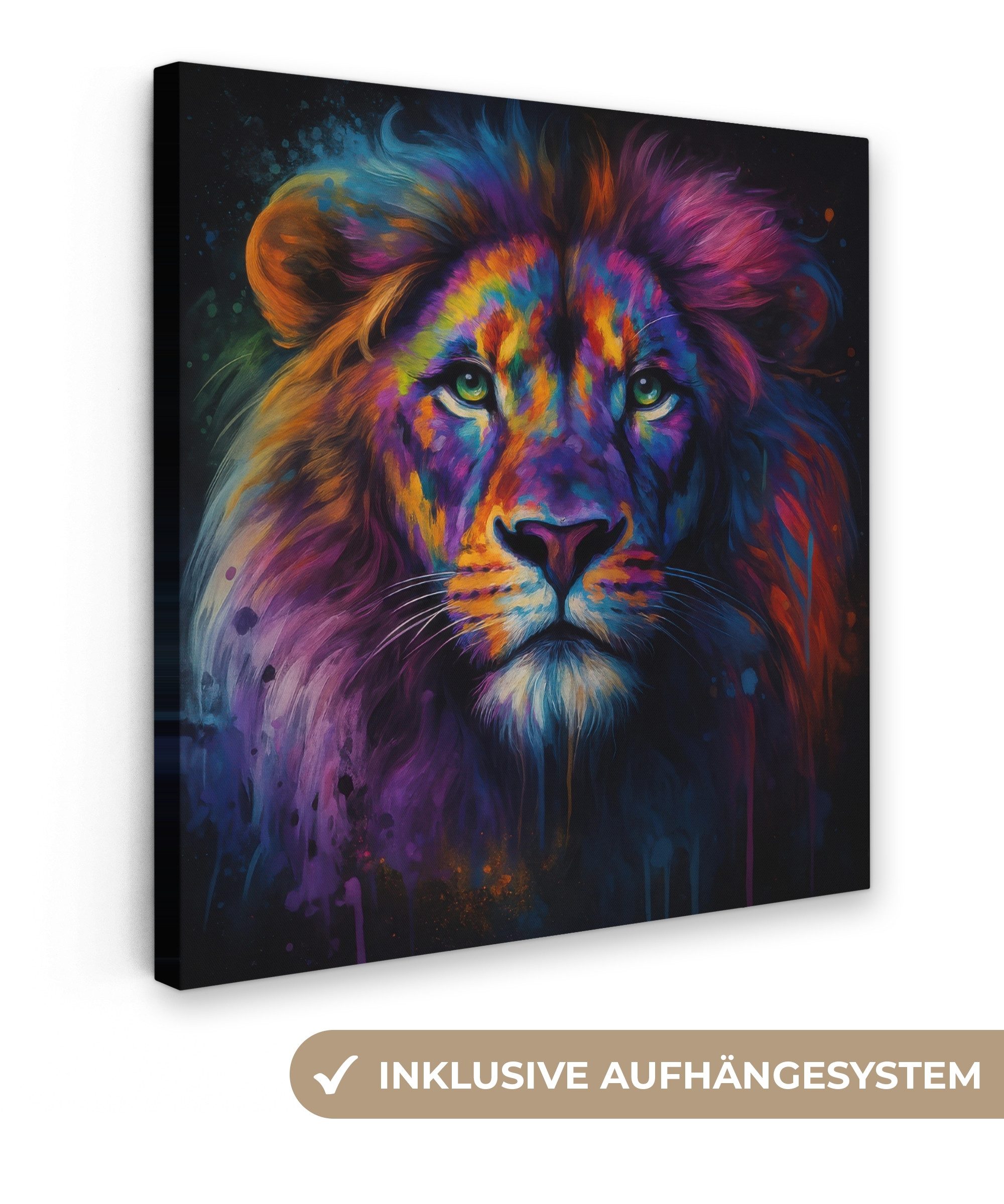 OneMillionCanvasses® Leinwandbild Löwenkopf - Leuchtend bunt - Abstrakt, Fotodruck (1 St), Wandbild, Deko Schlafzimmer Wohnzimmer Flur 20x20 cm