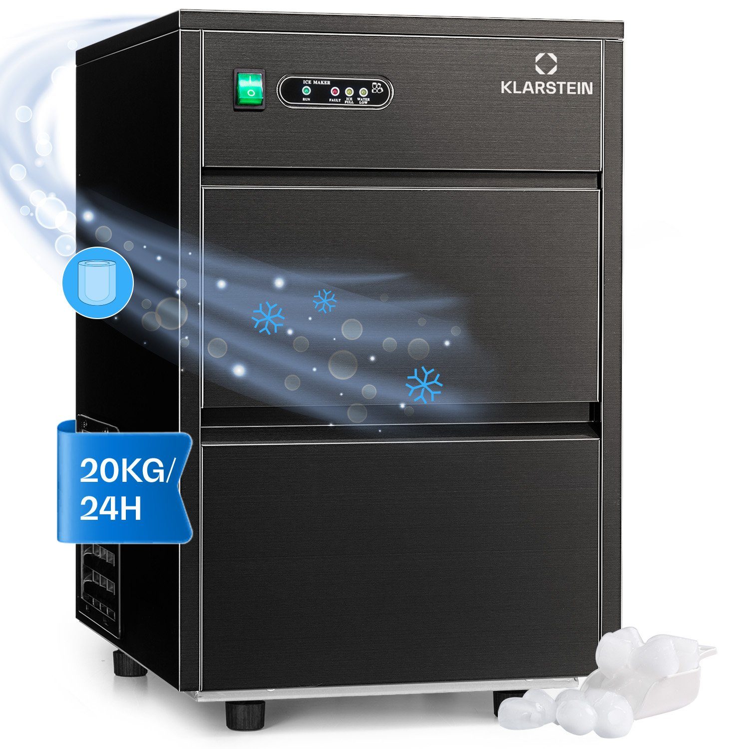 Klarstein Eiswürfelmaschine Powericer XL Eismaschine 20 kg/24h 145W Bulleteis 3,5kg Vorrat 1,8L, Ice Maker Eismaschine elektrisch Bullet-Eis 1,8L mit LED