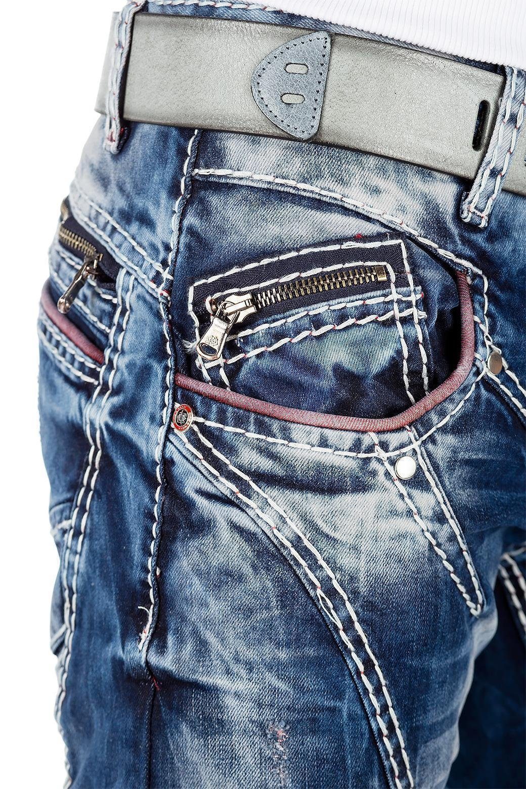 Cipo & Baxx Regular-fit-Jeans Herren Regular Fit Hose Stonewashed BA-CD563 (1-tlg) mit dicken Ziernähten und Waschung – Bild 5 von 5