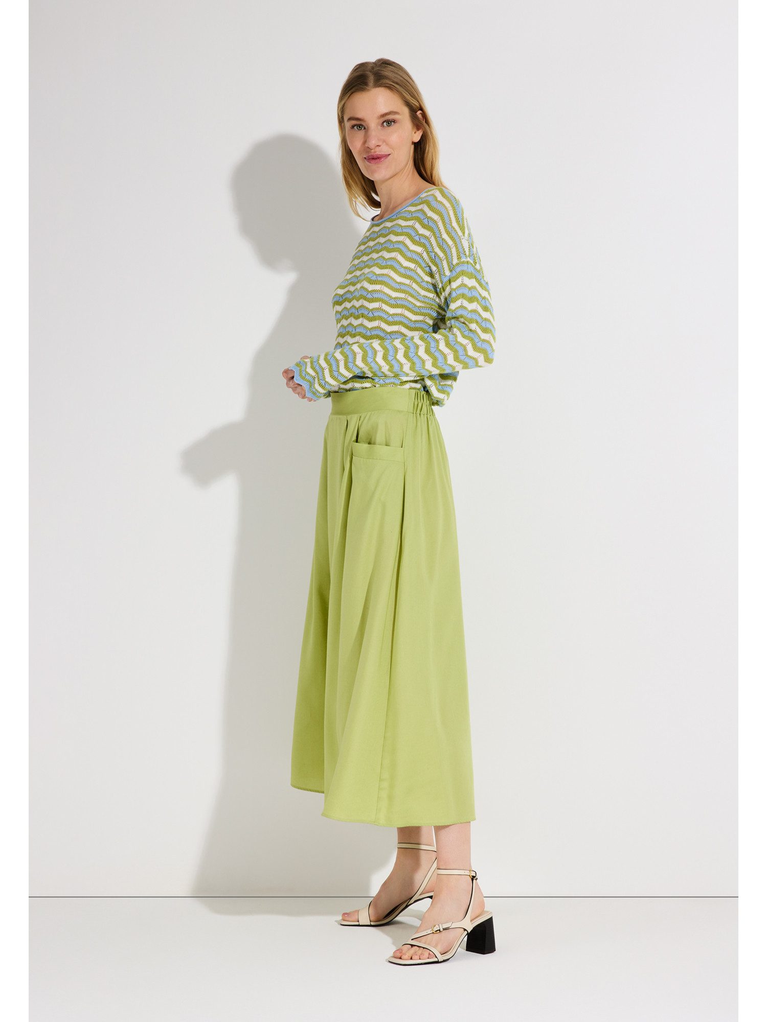 MORE&MORE Rundhalspullover kurzer, gestreifter Ajour-Pullover