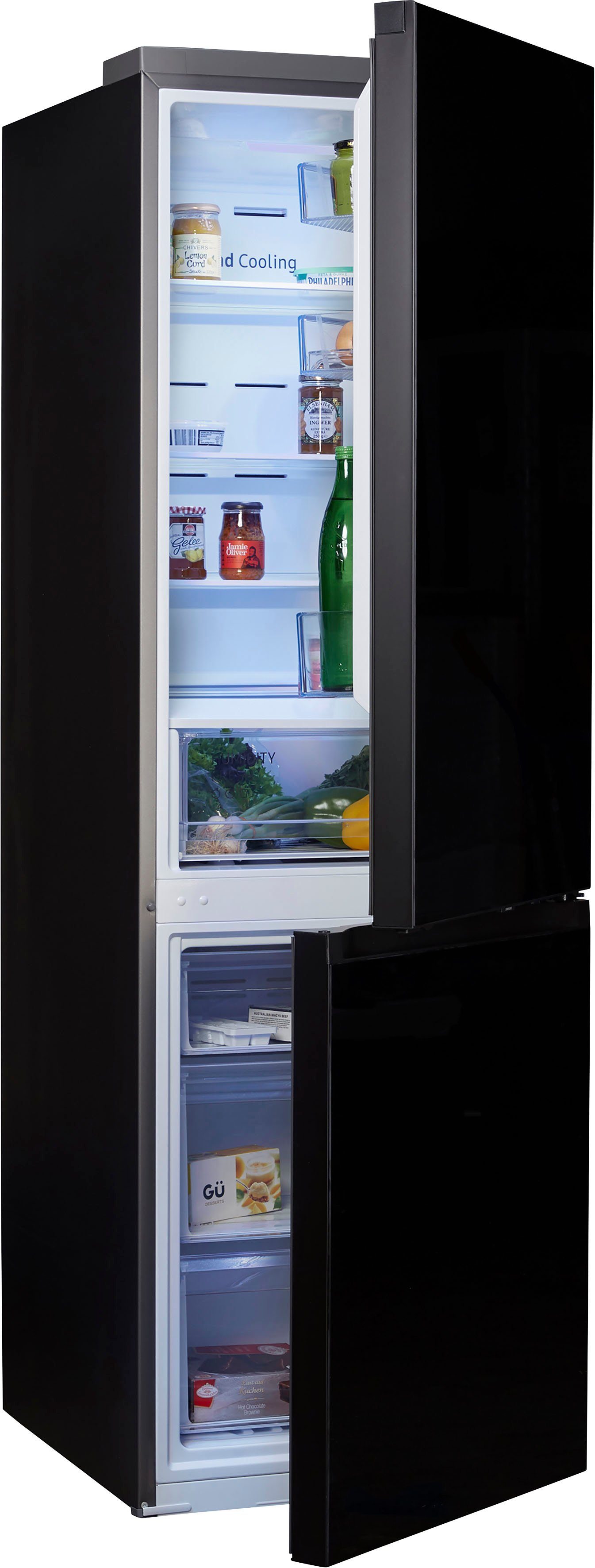 Ein schwarzer kühlschrank mit einem blauen licht, auf dem „samsung