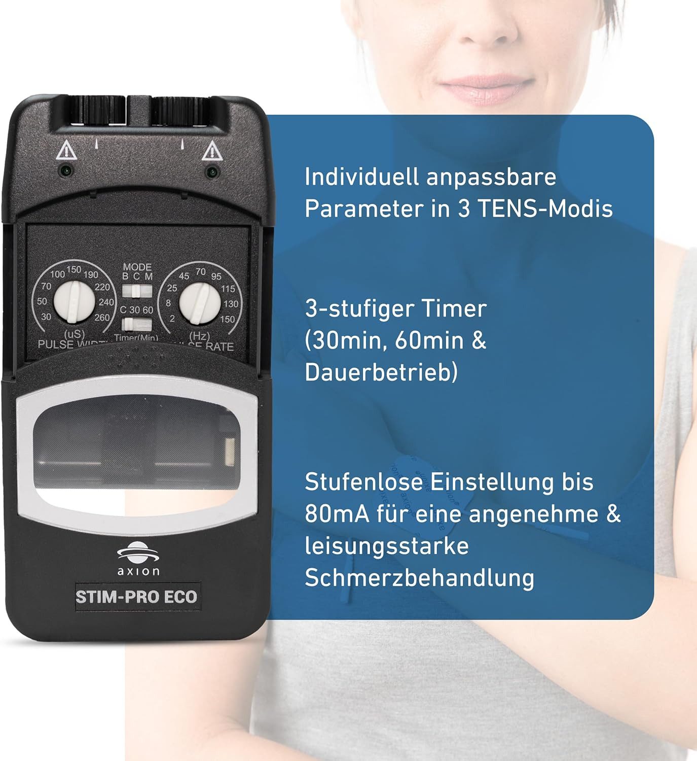 Axion TENS-Gerät STIM-PRO Eco TENS Gerät gegen Schmerzen mit 9V Li-Ion Akku, Medizinprodukt nach MDR (EU) 2017/745