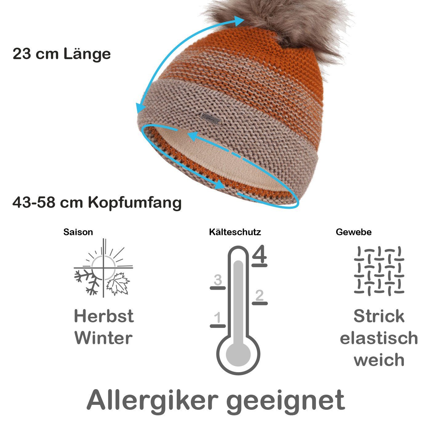 Faera Bommelmütze Wintermütze Damen Herren Mütze Beanie Haube gefüttert Bommelmütze 12