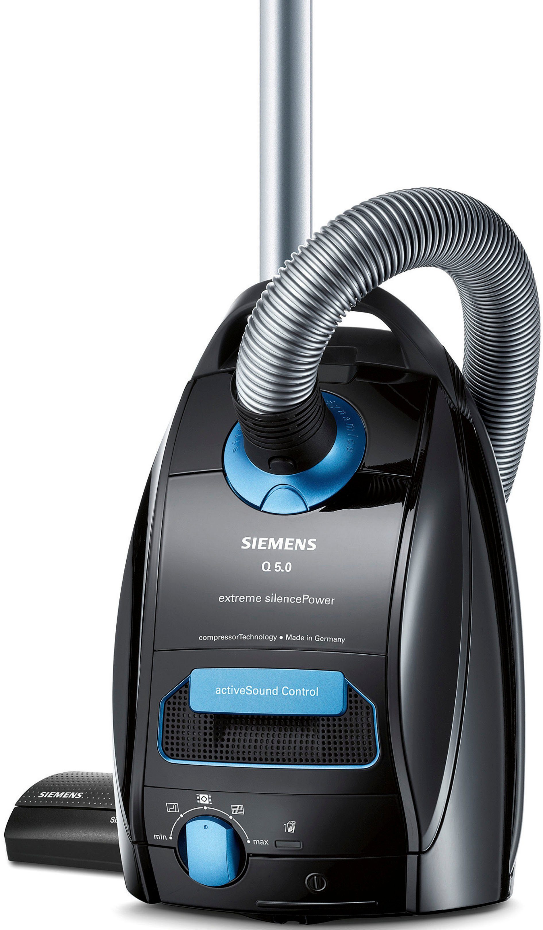 SIEMENS Bodenstaubsauger Q 5.0 extreme silencePower VSQ5X1230, Made in Germany, Hygiene-Filter, 850 W, mit Beutel, hohe Saugkraft, integriertes Zubehör, langes Kabel, leise, schwarz