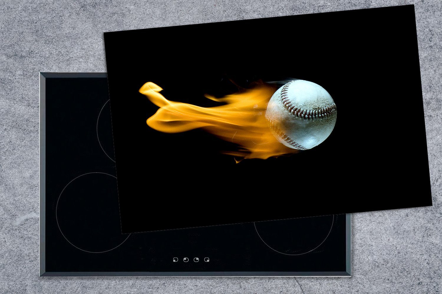 MuchoWow Herdblende-/Abdeckplatte Ein Baseball mit Schutz Hintergrund, für Feuer cm, schwarzem tlg), die 81x52 auf (1 Vinyl, küche, Ceranfeldabdeckung Induktionskochfeld