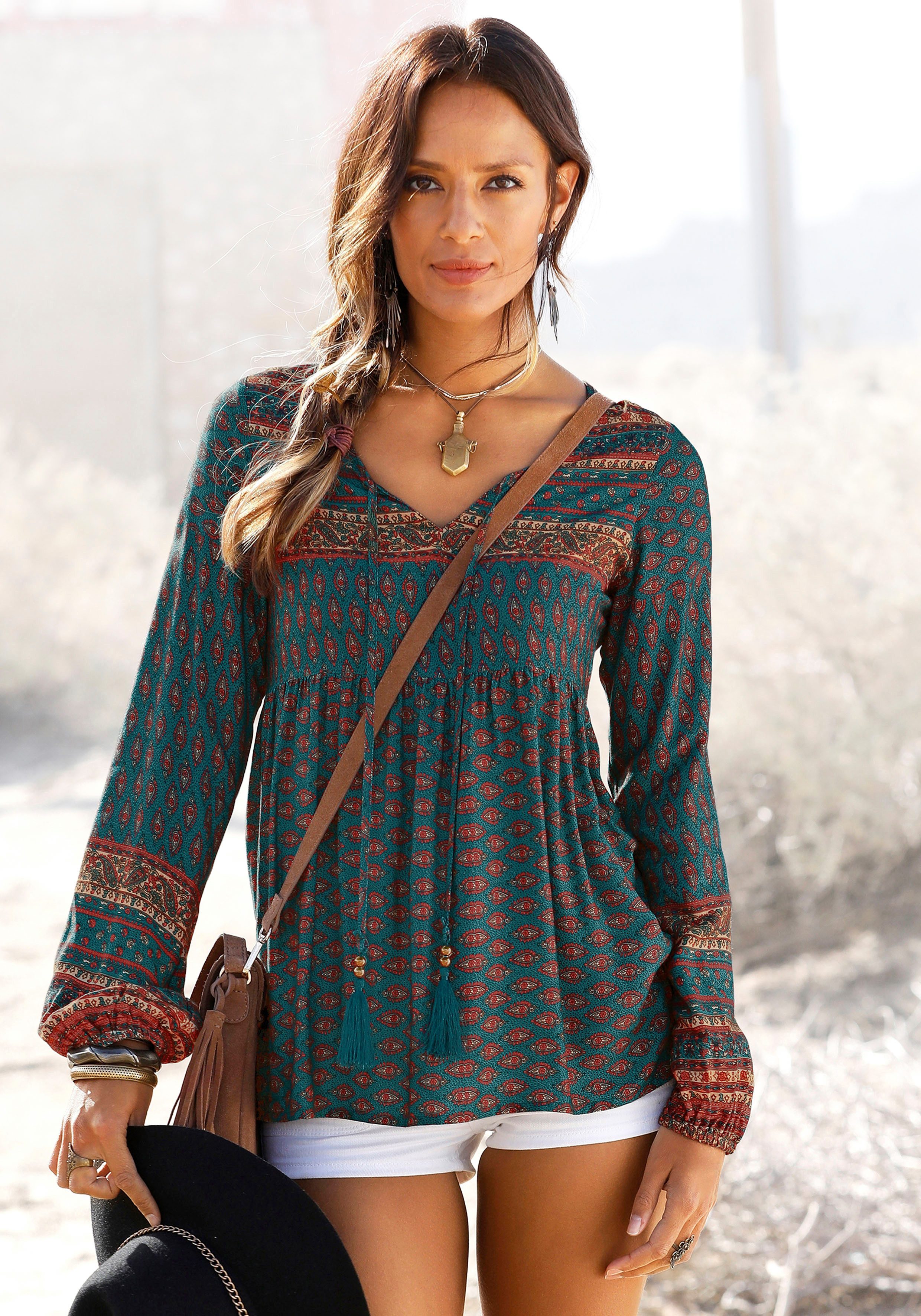 Buffalo Schlupfbluse mit Ethnodruck und Zierperlen, Boho-Style, Langarmblus günstig online kaufen