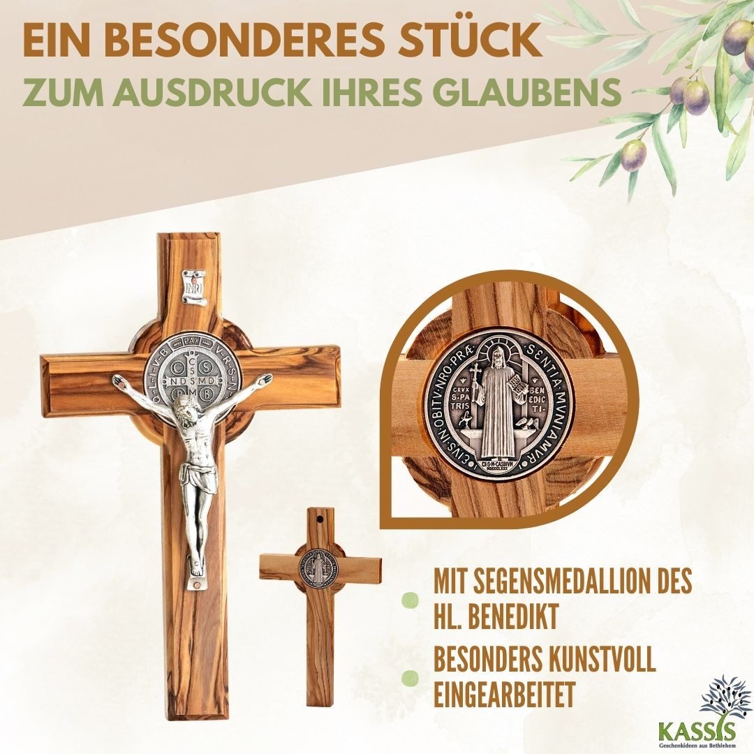 Kassis Geschenkartikel Wanddekoobjekt St. Benedikt Kreuz zum Aufhängen Wandkreuz Kruzifix aus Olivenholz, handgefertigt in Bethlehem, Geschenk zu religiösen Anl – Bild 5 von 5