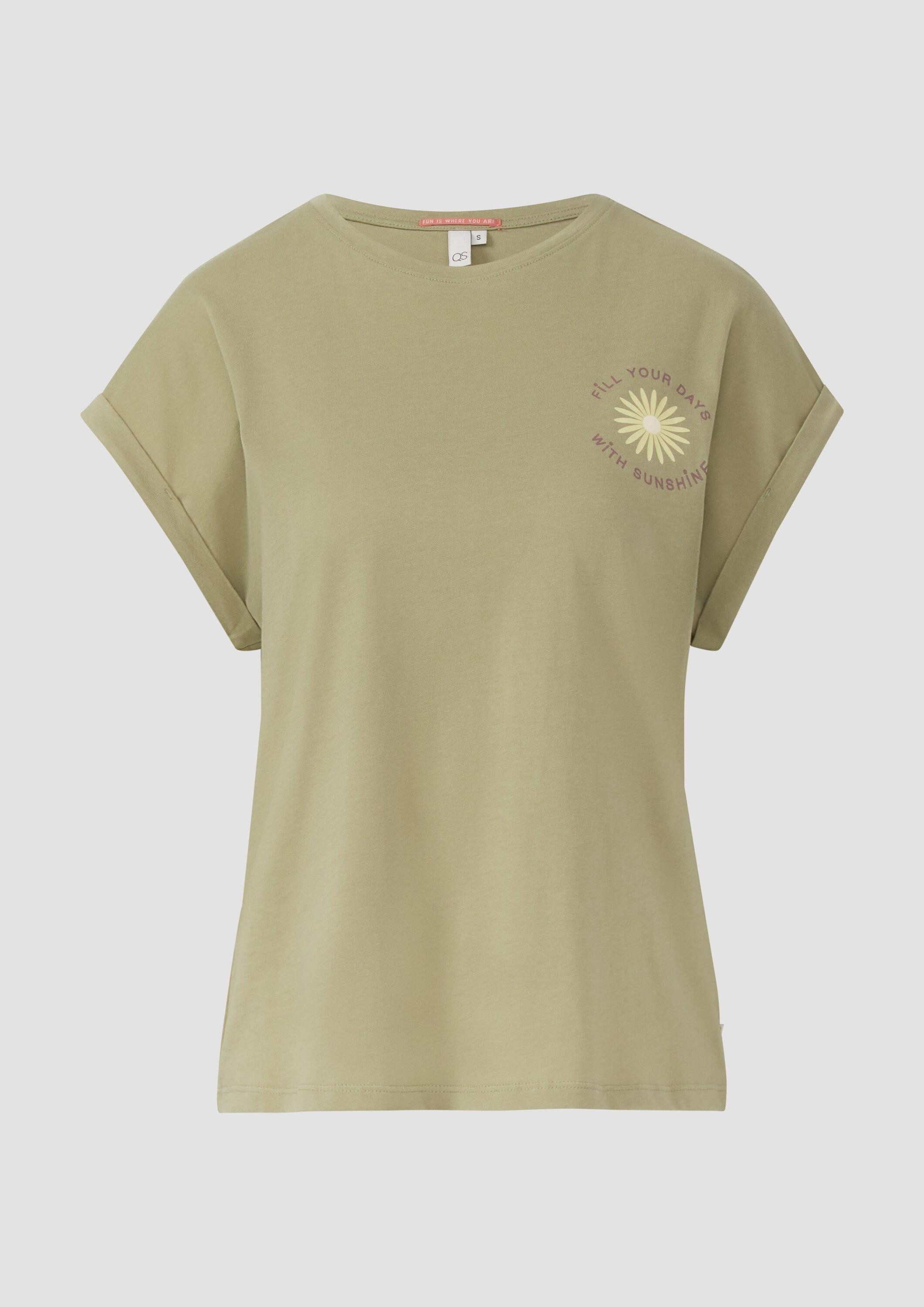 QS Kurzarmshirt T-Shirt Lockeres T- Shirt mit Ärmelaufschlag und Frontprint