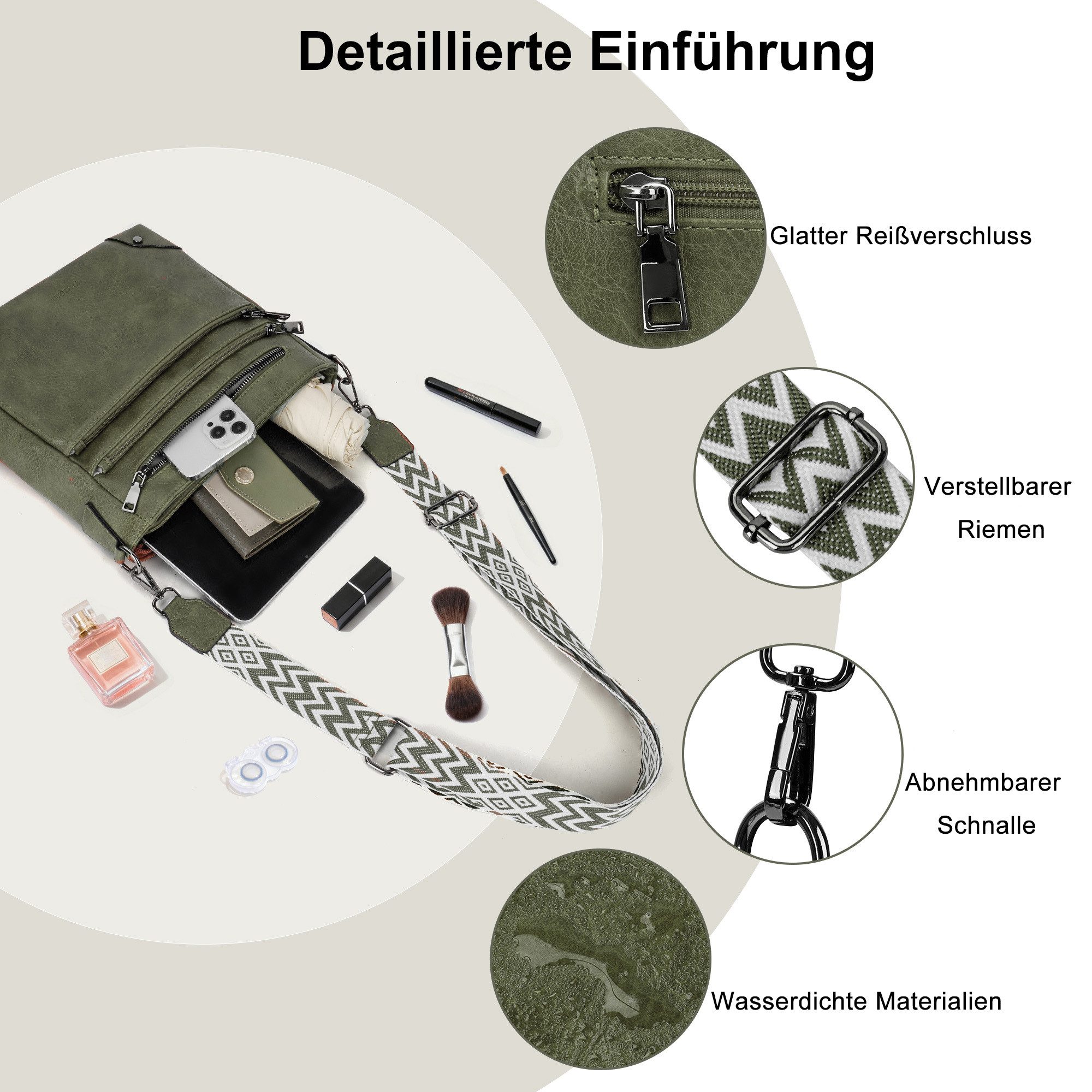 TAN.TOMI Umhängetasche Damen Mittelgroß Schultertasche Mehrere Taschen Crossbody Bag, Mit Verstellbarem Gurt für Schule Arbeit Reisen Ausflug Einkauf – Bild 4 von 5