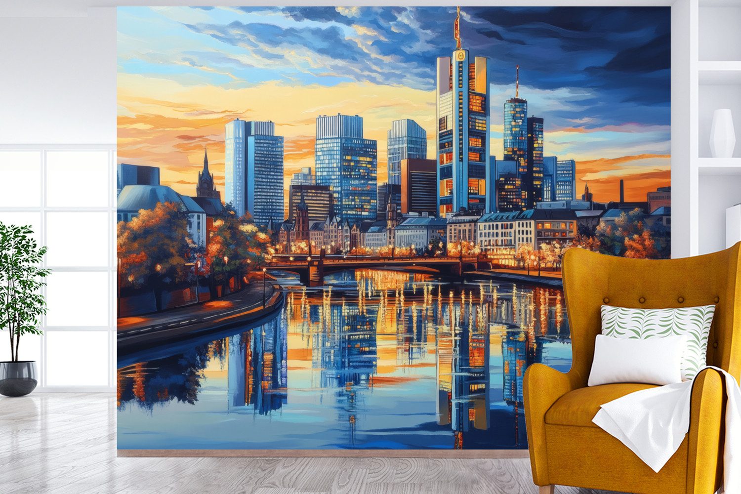 MuchoWow Fototapete Sonnenuntergang Frankfurt - Stadt - Skyline - Wasser, Matt, bedruckt, Montagefertig Vinyl Tapete, Wandtapete, 325x260 cm