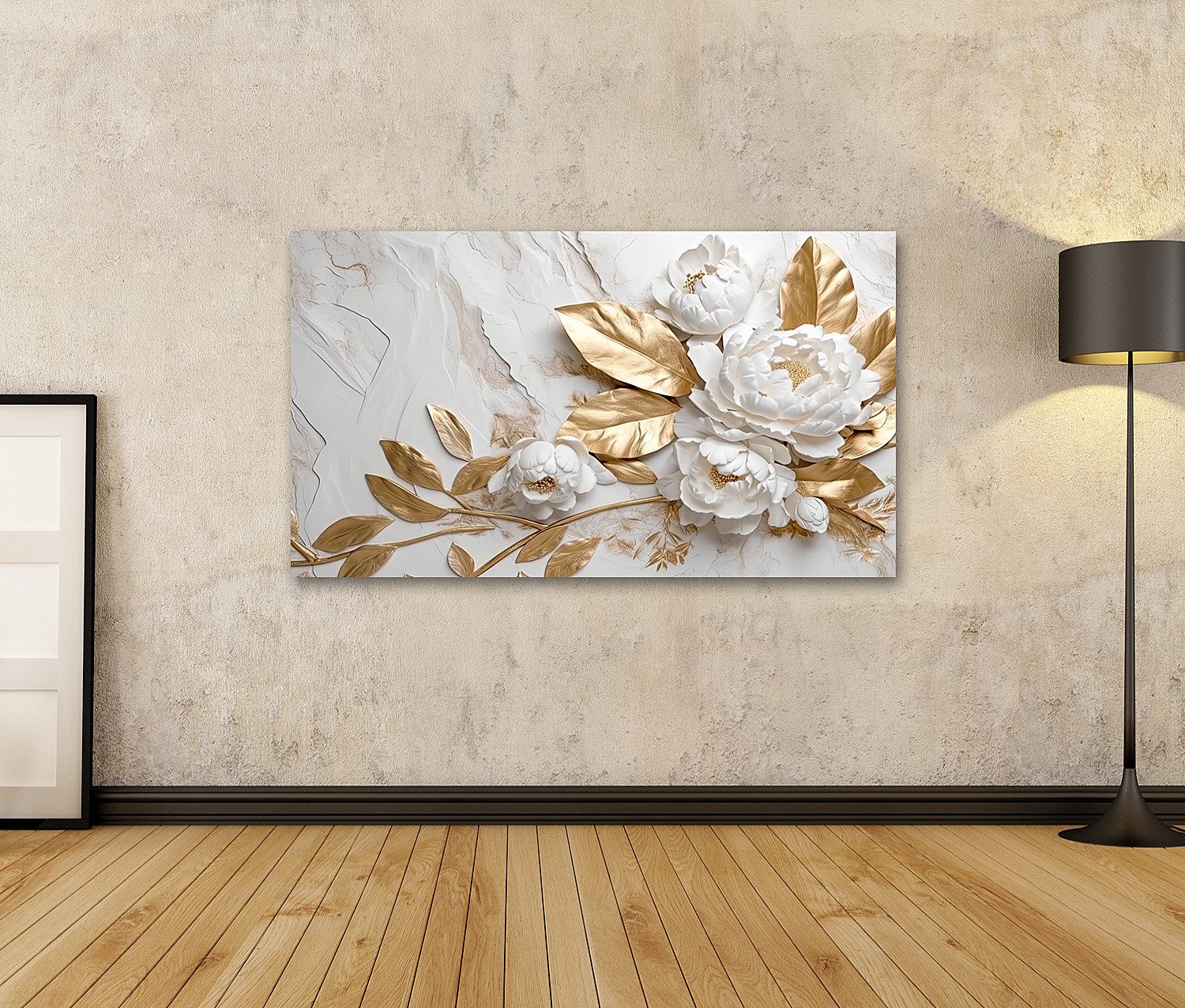 islandburner Leinwandbild Marmor Textur Weiß Gold Farben Goldene Blumen Lux günstig online kaufen