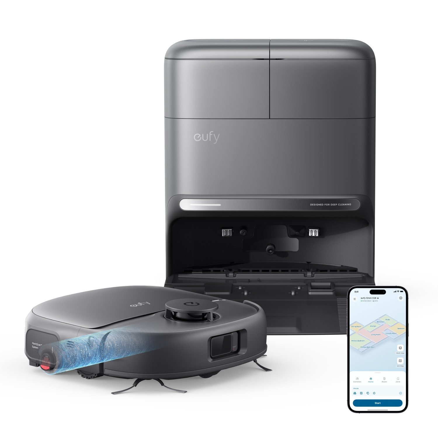 eufy Saugroboter C28 15000 Pa Turbo-Saugkraft,50°C-Heißwasser-Moppwäsche, 60 W, mit Beutel, HydroJet delbstreinigende Wischrolle, Omni-Station, Anti-Verwicklung