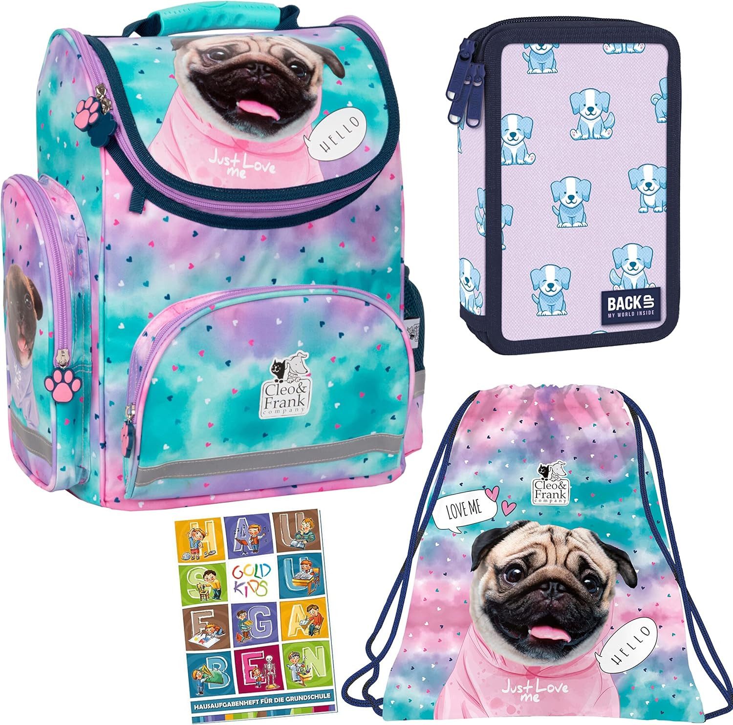 GOLDKIDS Schulranzen 4er Set Ranzen Tornister Federmappe Turnbeutel (Turnsack Aufgabenheft für die, 1-tlg., Grundschule Cleo & Frank Hund Dog), Motiv