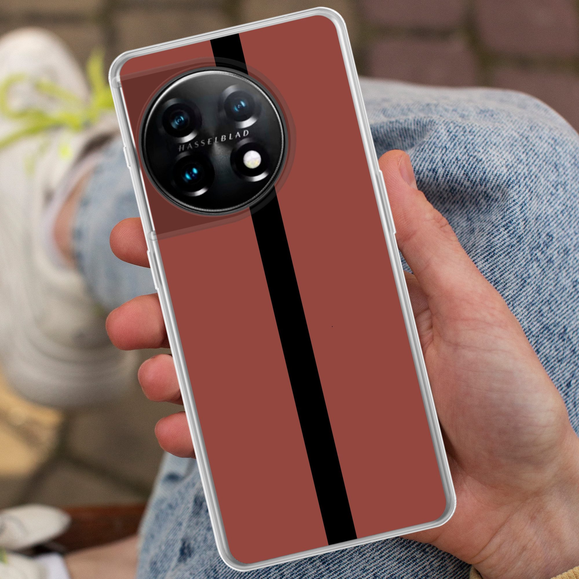 MuchoWow Handyhülle für OnePlus 11 Rot - Schwarz - Gestreift - Minimalistisch, Handy Case, Silikon, Bumper Case Dünn