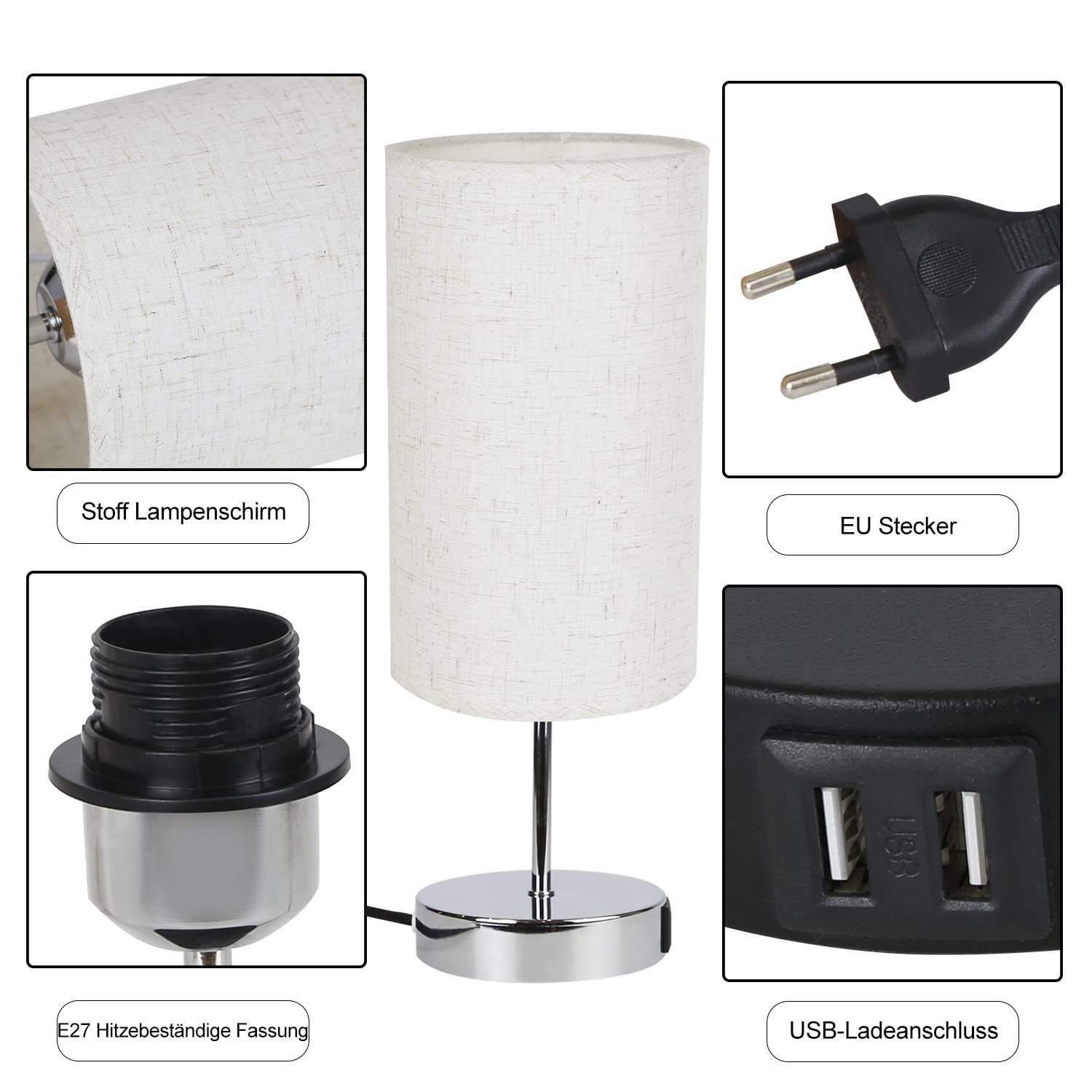 Nettlife Nachttischlampe Touch Dimmbar Warmweiße Tischleuchte für Schlafzimmer Stufenlosem, mit Ladefunktion USB, LED wechselbar, Warmweiß, für Schlafzimmer kin – Bild 4 von 5