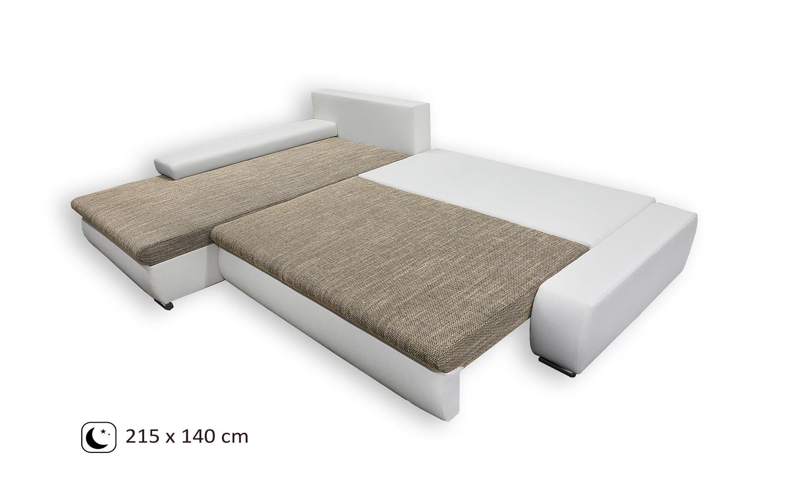 Schlaffunktion Webstoff mit stilvoll Polsterecke Wohnzimmersofa weiß 120) Bettkasten, Kunstleder Ecke + aus (berlin L-Form Polsterecke Braun Beautysofa Spfa Relaxcouch, + 03 und Teo, madryt